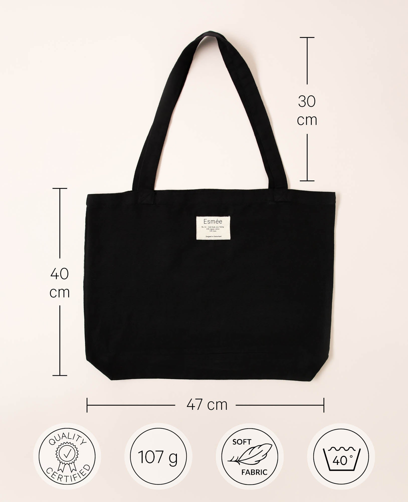 Totebag "Lora" aus schwarzem Baumwoll-Leinenmix, 47 cm x 40 cm
