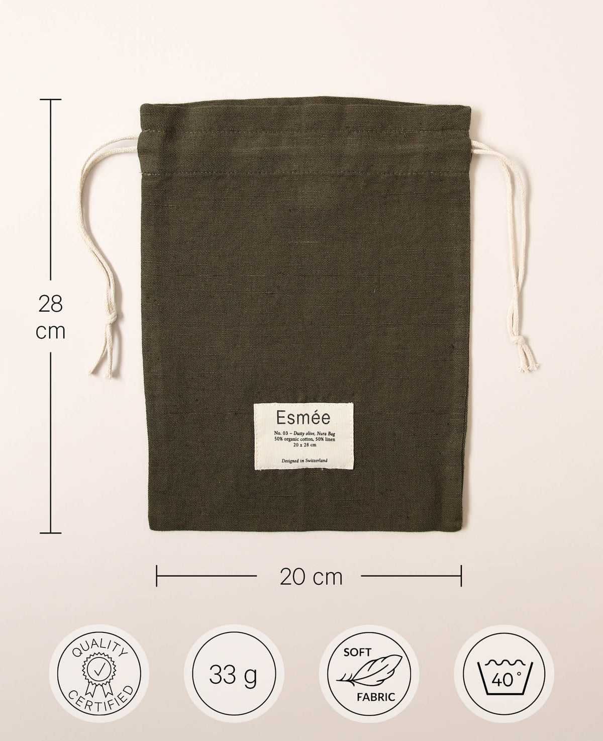 Beutel / Tasche "Nura" aus olivgrünem Baumwoll-Leinenmix mit Zugbändern, 20 cm x 28 cm, als Bread Bag, als Brotsack, Gemüsetasche oder für Wäsche und Schuhe beim Reisen