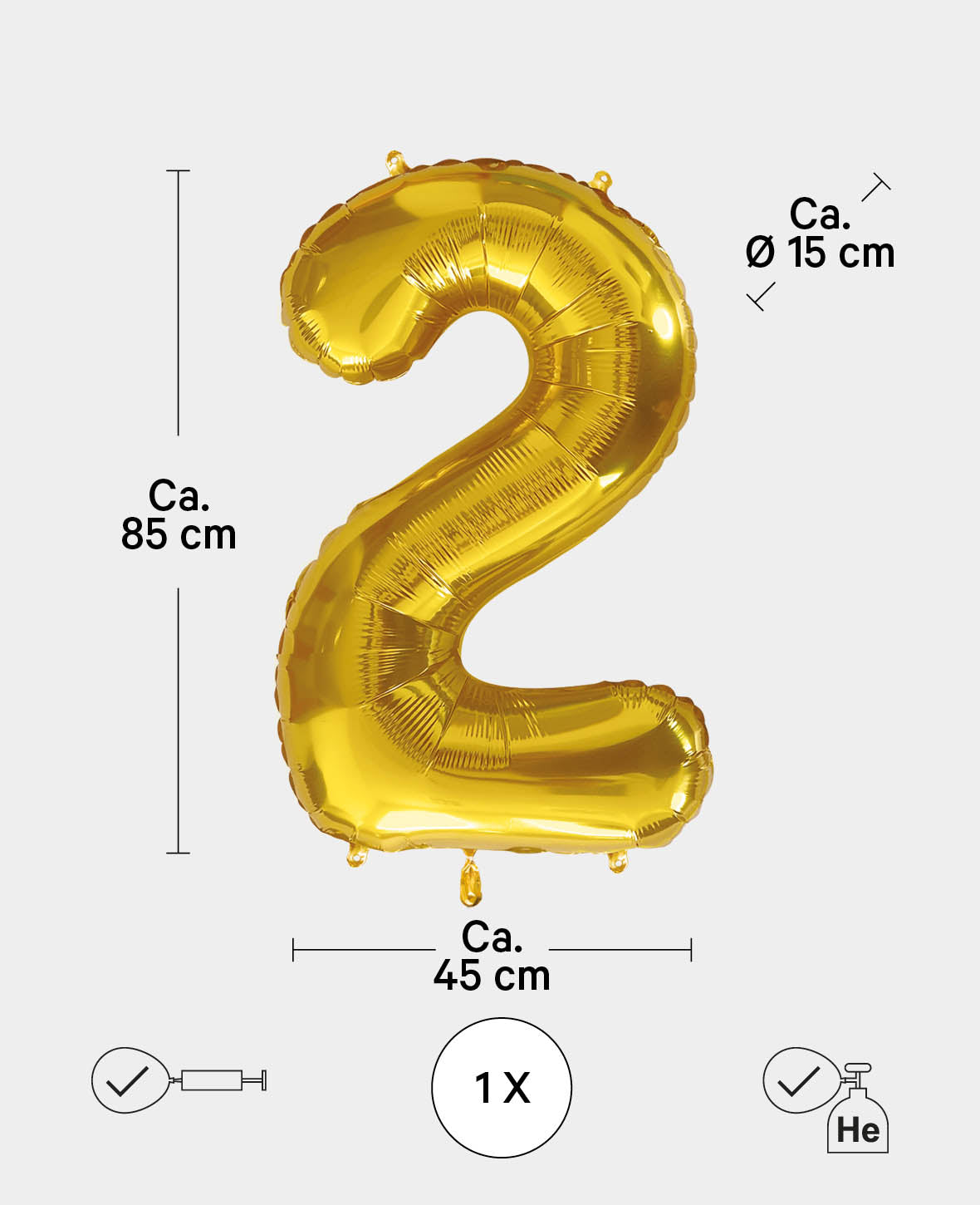 Ballon aluminium chiffre "2", 85 x 45 x 15 cm, Doré