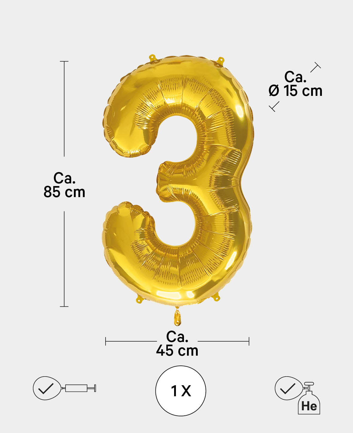 Ballon aluminium chiffre « 3 », 85 x 45 x 15 cm, or