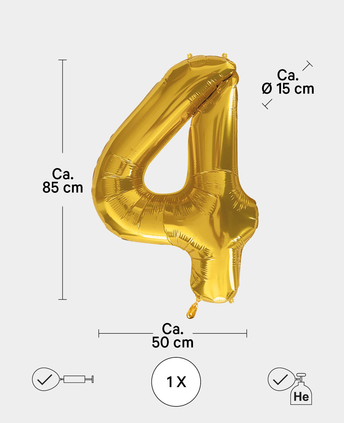 Ballon chiffre "4" en aluminium, 85 x 50 x 15 cm, doré