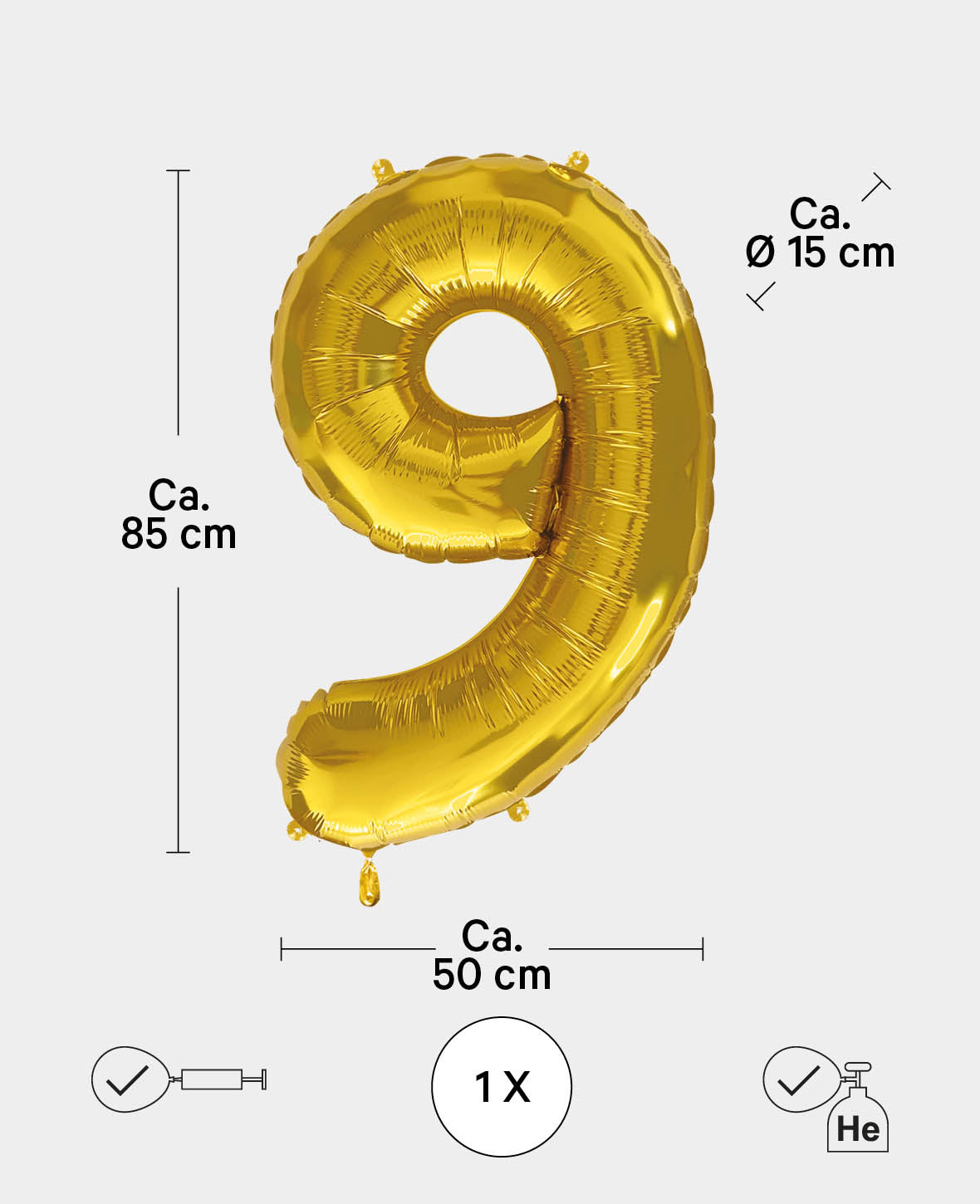 Foil Balloon Number "9", 85 x 50 x 15 cm, Gold