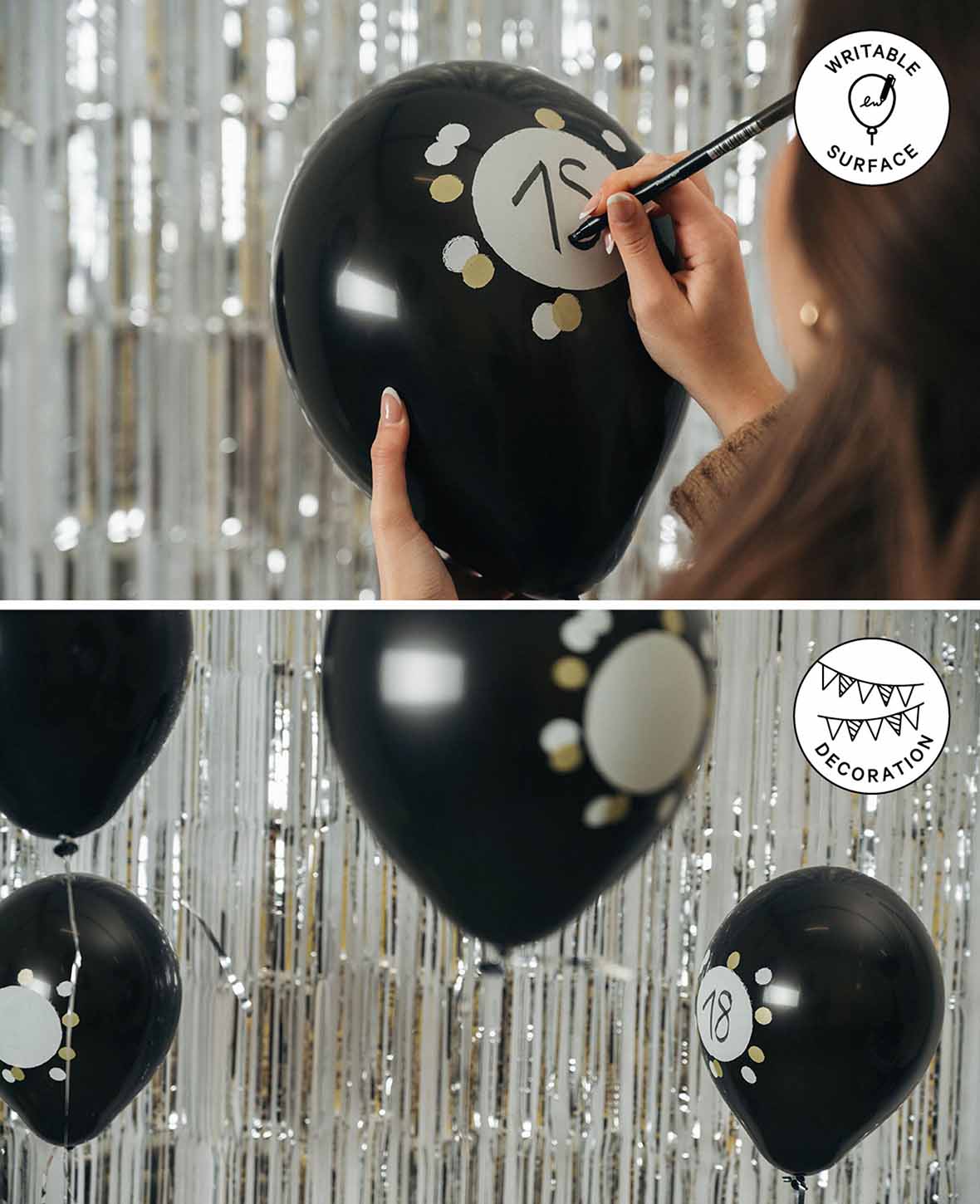 Ballons avec champ d'écriture à personnaliser, 27 cm, Noir, 6 p.