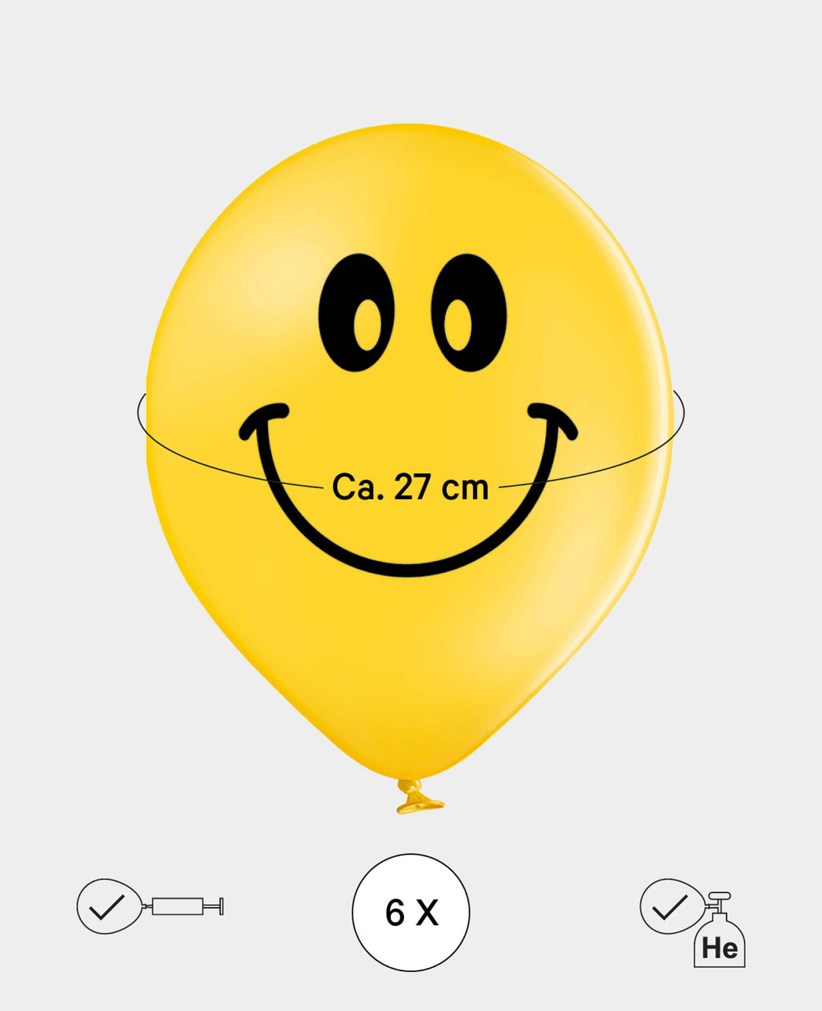 Balloons Smiley, 27 cm, Yellow, 6 pcs.