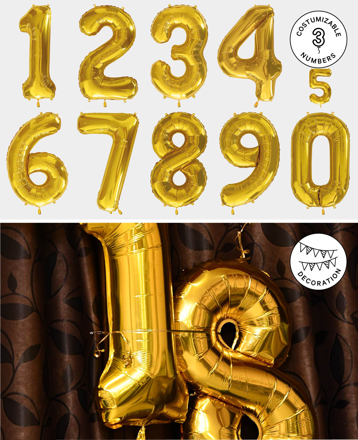 Ballon aluminium chiffre « 3 », 85 x 45 x 15 cm, or