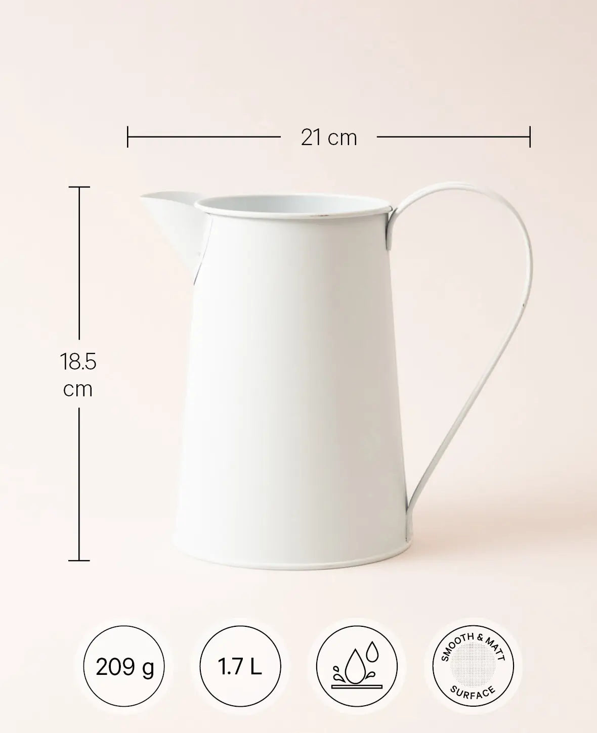Decorative tin mug, matt white, 10 x 19.5 cm