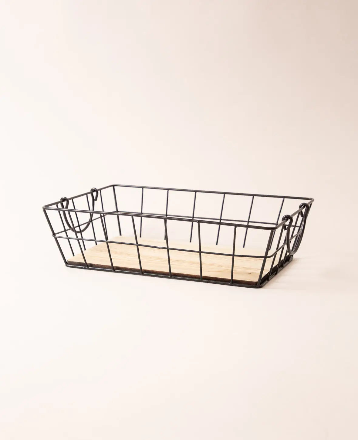 Stackable wire basket with handle and wooden base, matte black, 37x25x10cm