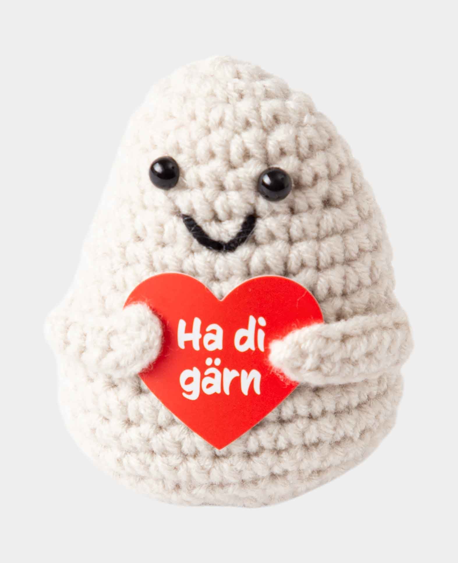 Positive Potato "Ha di gärn", Gehäkeltes Mini Plüschtier / Glücksbringer, Hellgrau, ca. 7.5 x 4.5 cm
