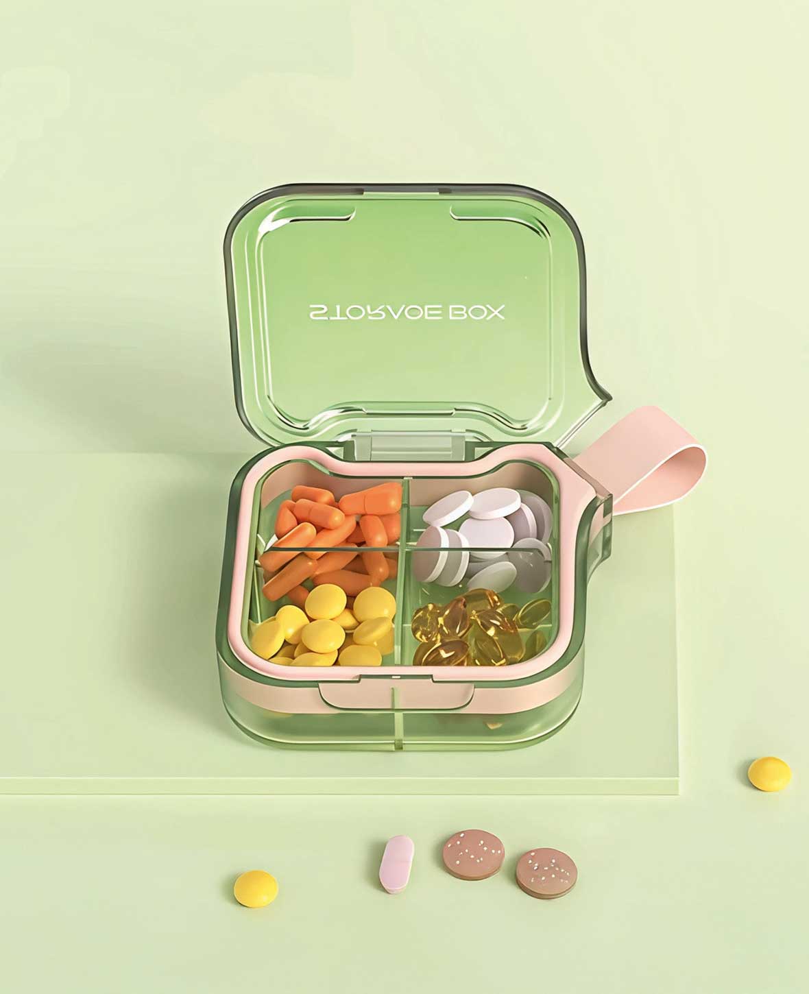 Medibox with 4 compartments, green-pink