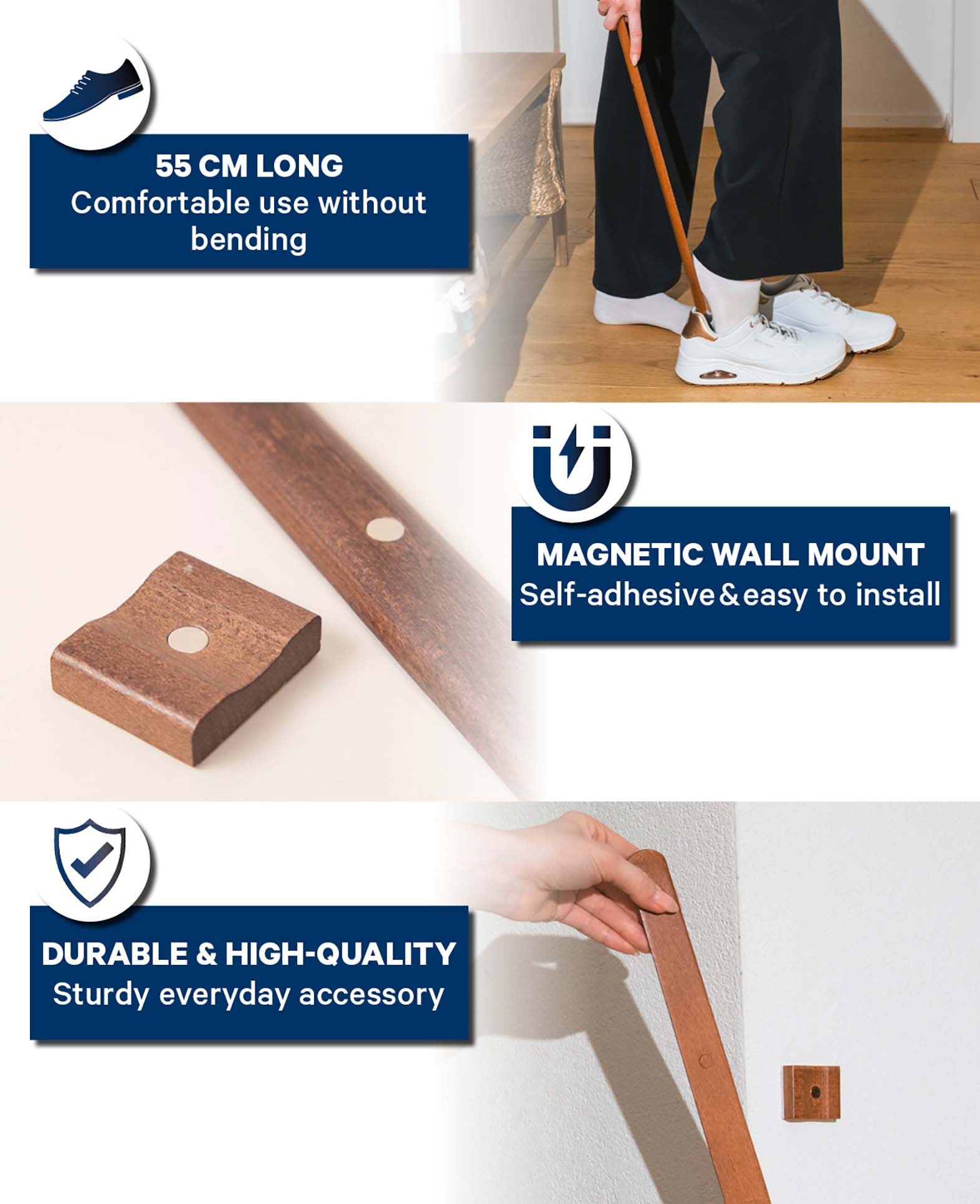 Long beechwood shoehorn with magnetic wall mount