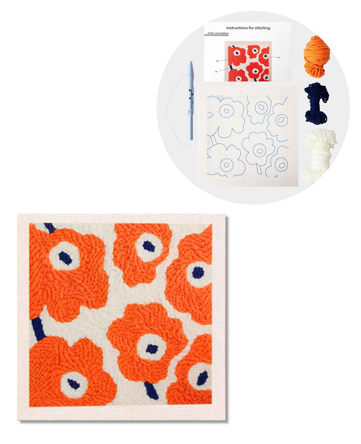 Kit de broderie punch needle pour débutant, Orange Flower Power, 25 x 25 cm