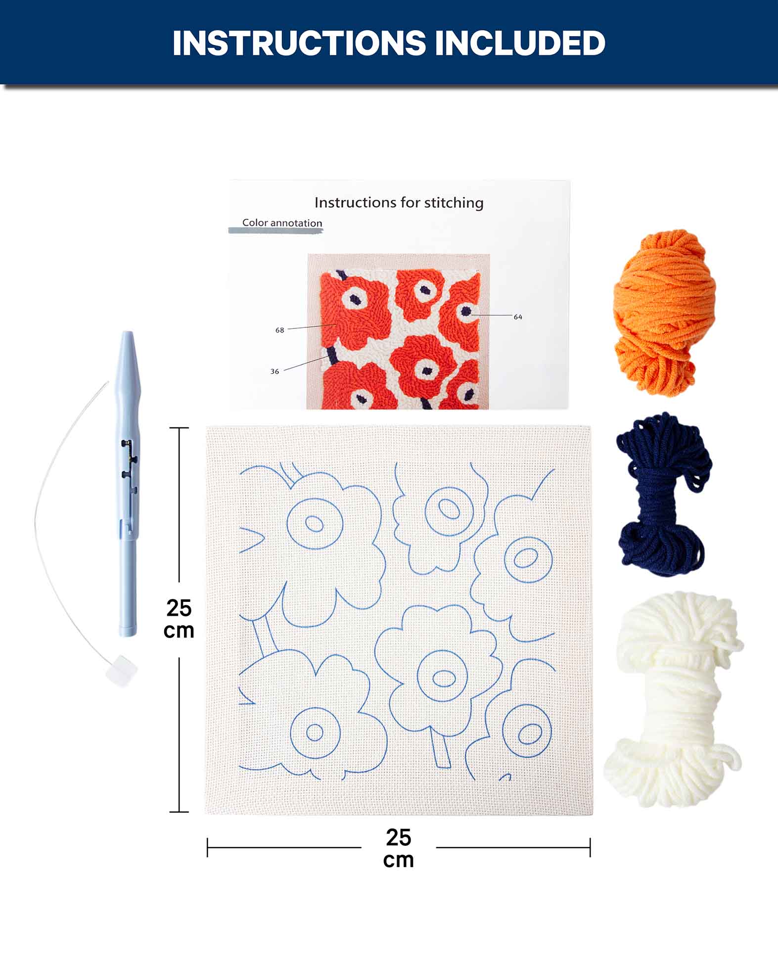 Kit de broderie punch needle pour débutant, Orange Flower Power, 25 x 25 cm