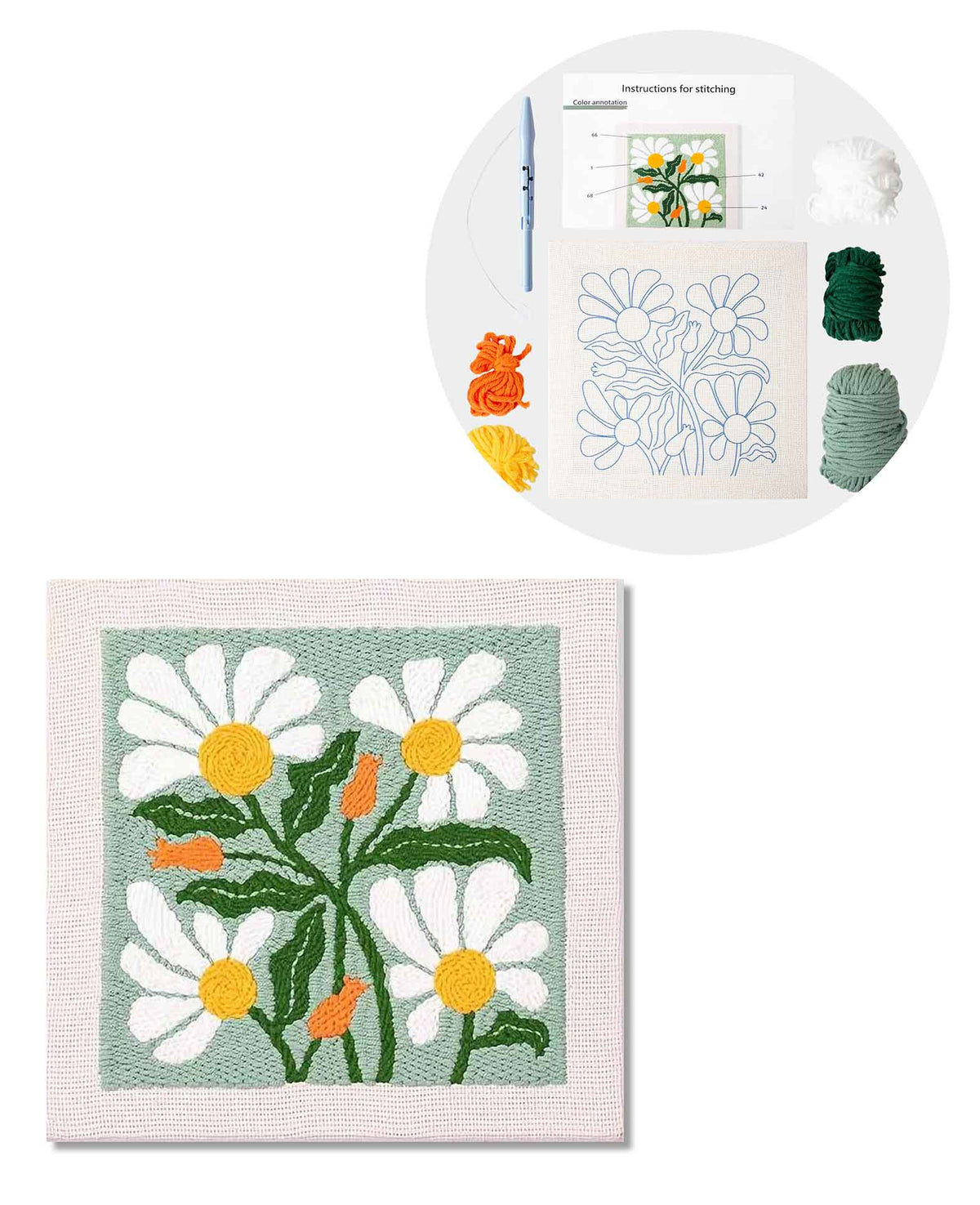 Kit de Punch Needle pour débutants, Mint Flower Power, 25 x 25 cm