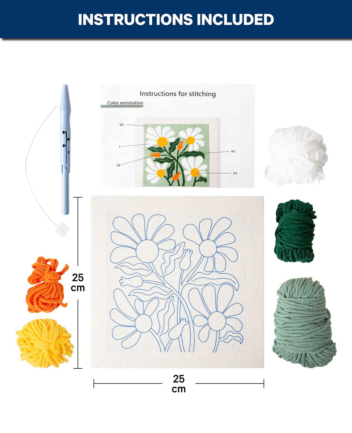 Punch Needle Anfänger Set, Mint Flower Power, 25 x 25 cm