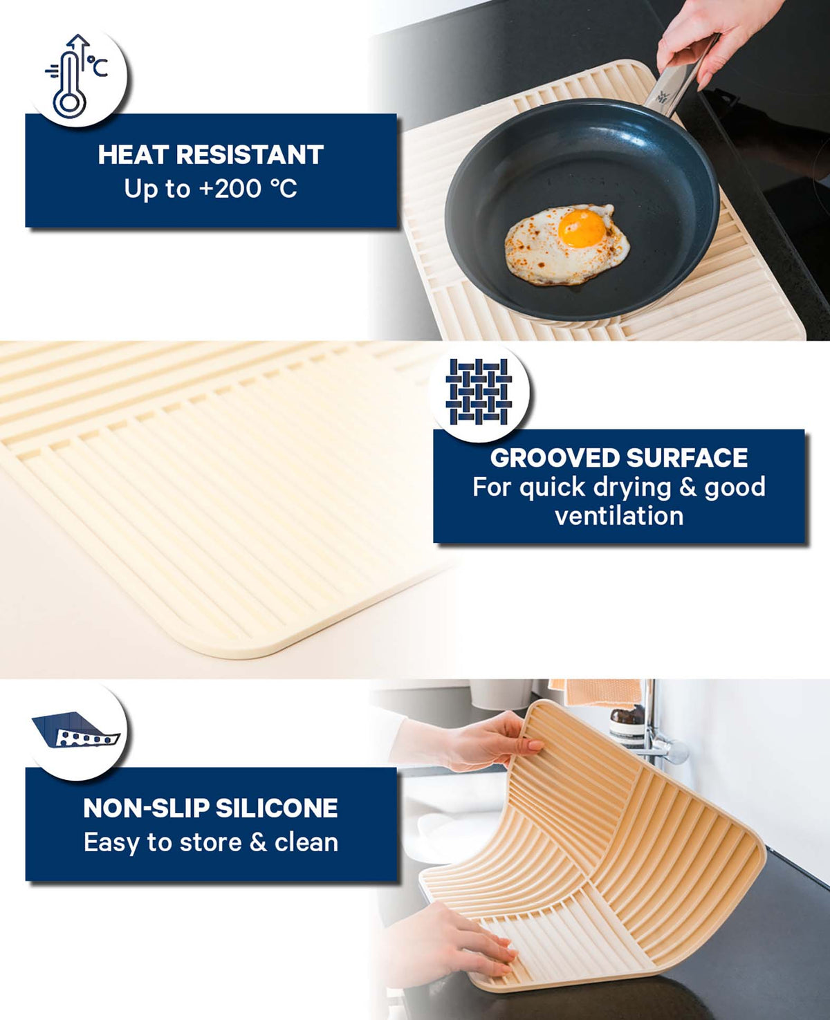 Rutschfeste Abtropfmatte aus Silikon, Beige
