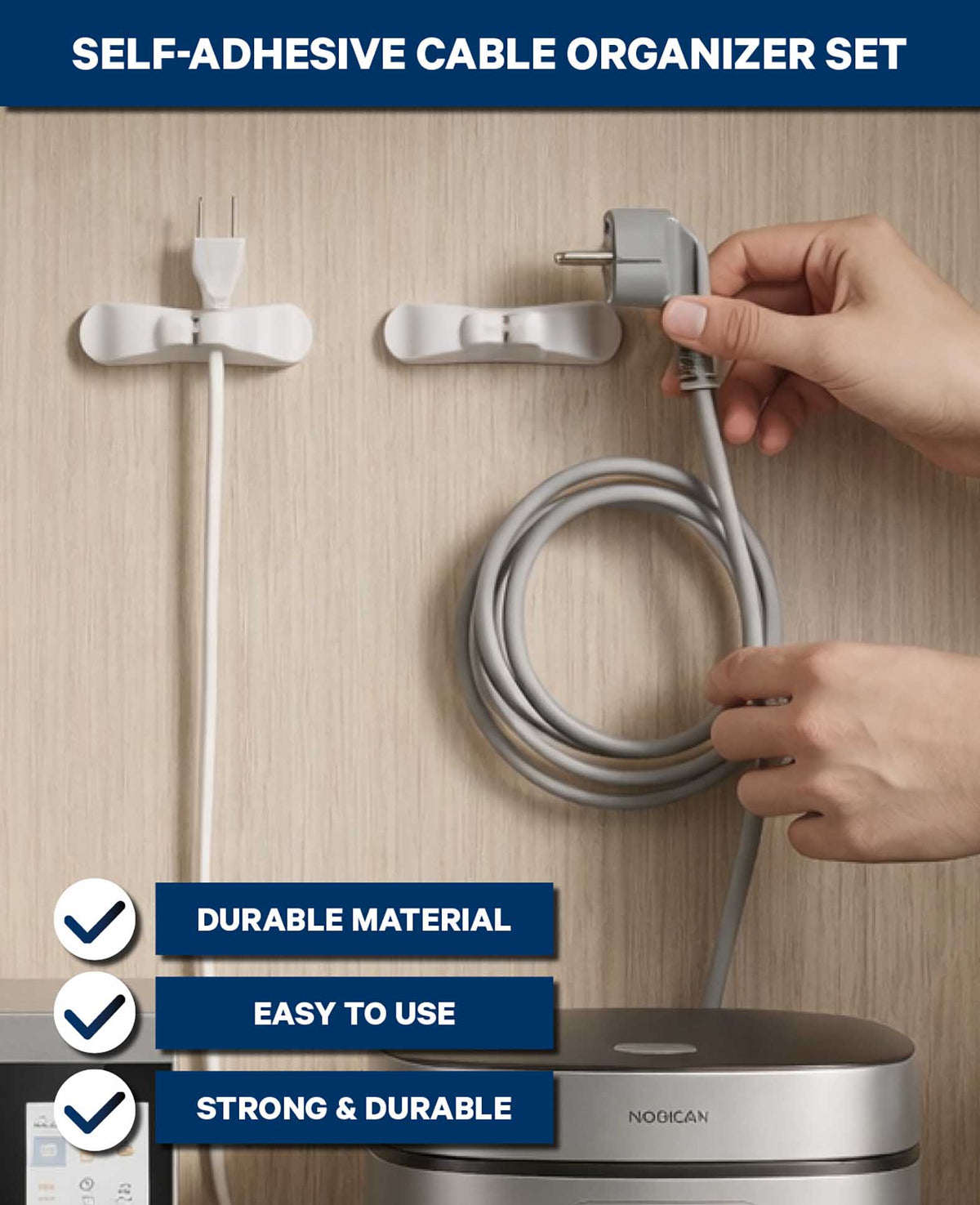 Klebe Kabelroller Set für Stromkabel, 3 Stk, weiss