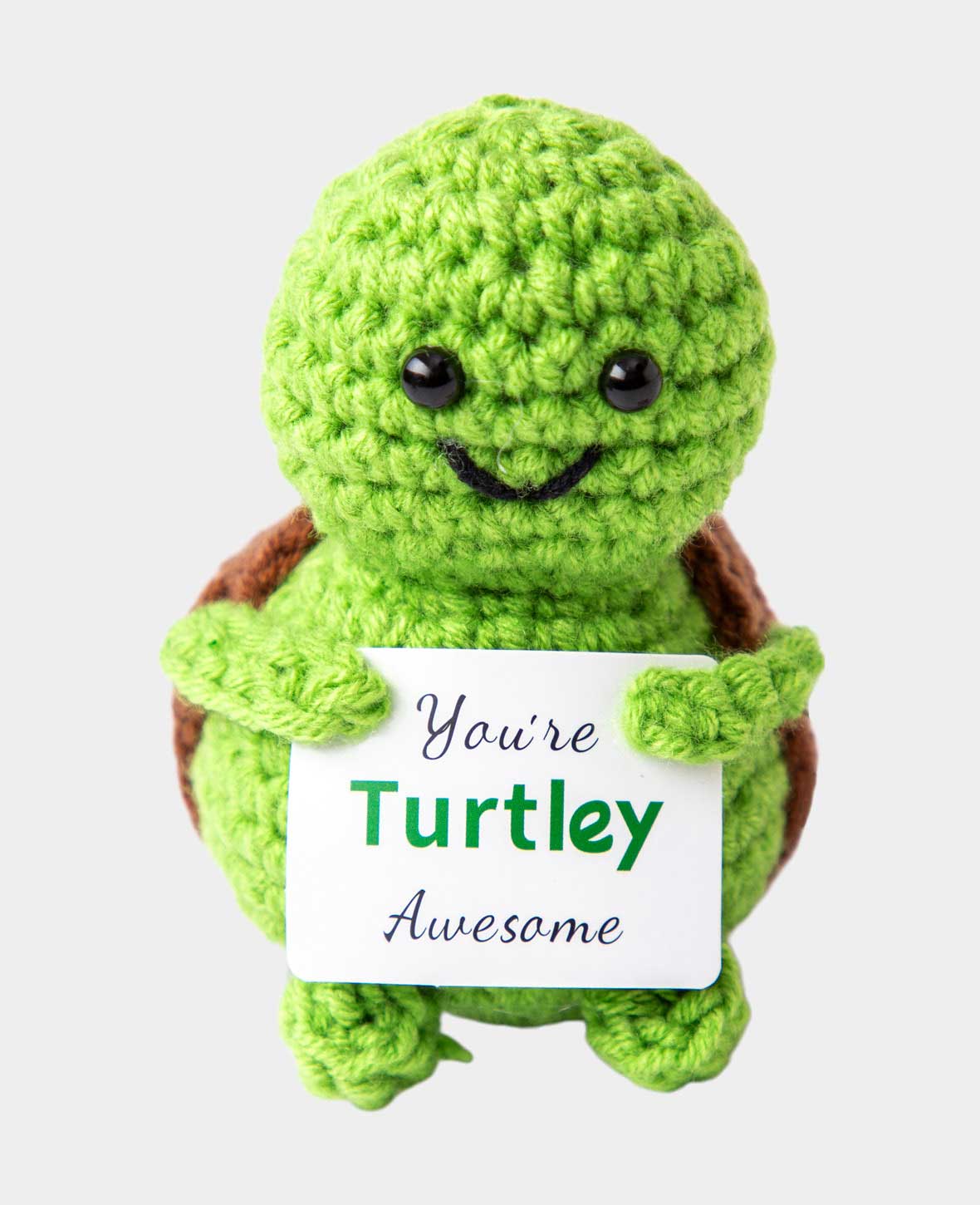Positive Turtle "You're Turtley awesome", Gehäkeltes Mini Plüschtier / Glücksbringer, Grün, ca. 9 x 6.5 cm