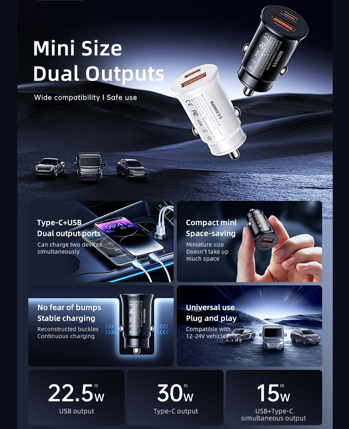 REMAX, Chargeur rapide de voiture multi-compatible, 30 W PD+QC 1C+1A