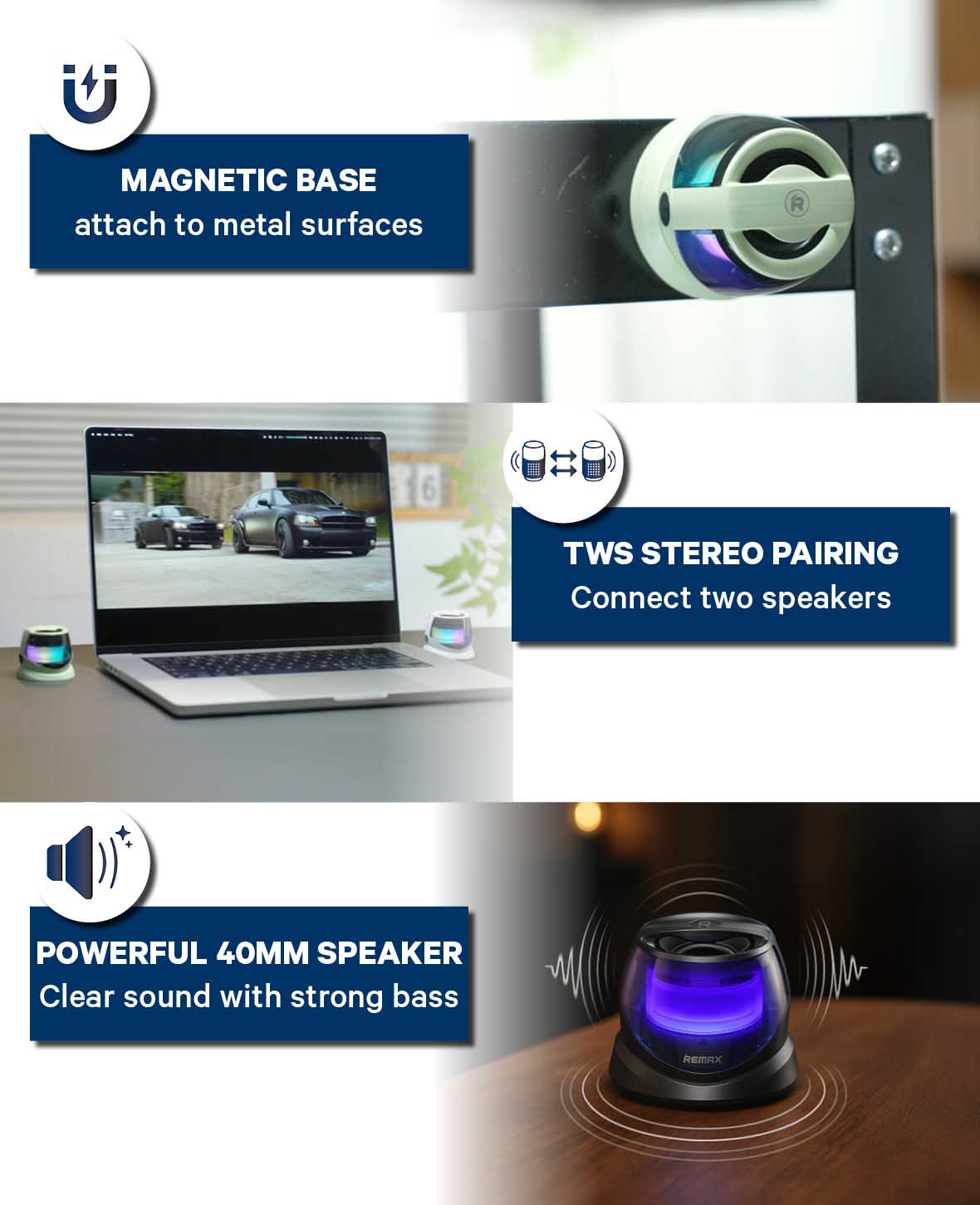 REMAX, Portable Magnetic Speaker with Party Light, 57x57x51 mm, 5 W
