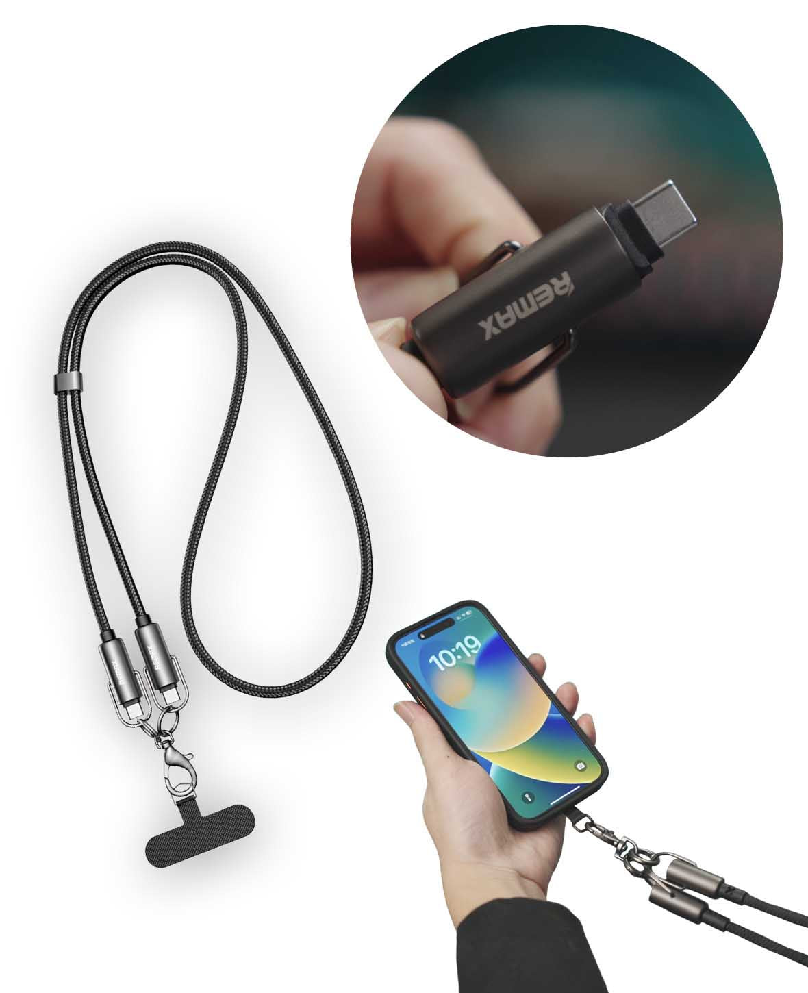 REMAX, Mobile Phone Lanyard with Charging Cable, 1.2 m, C-C, 65 W
