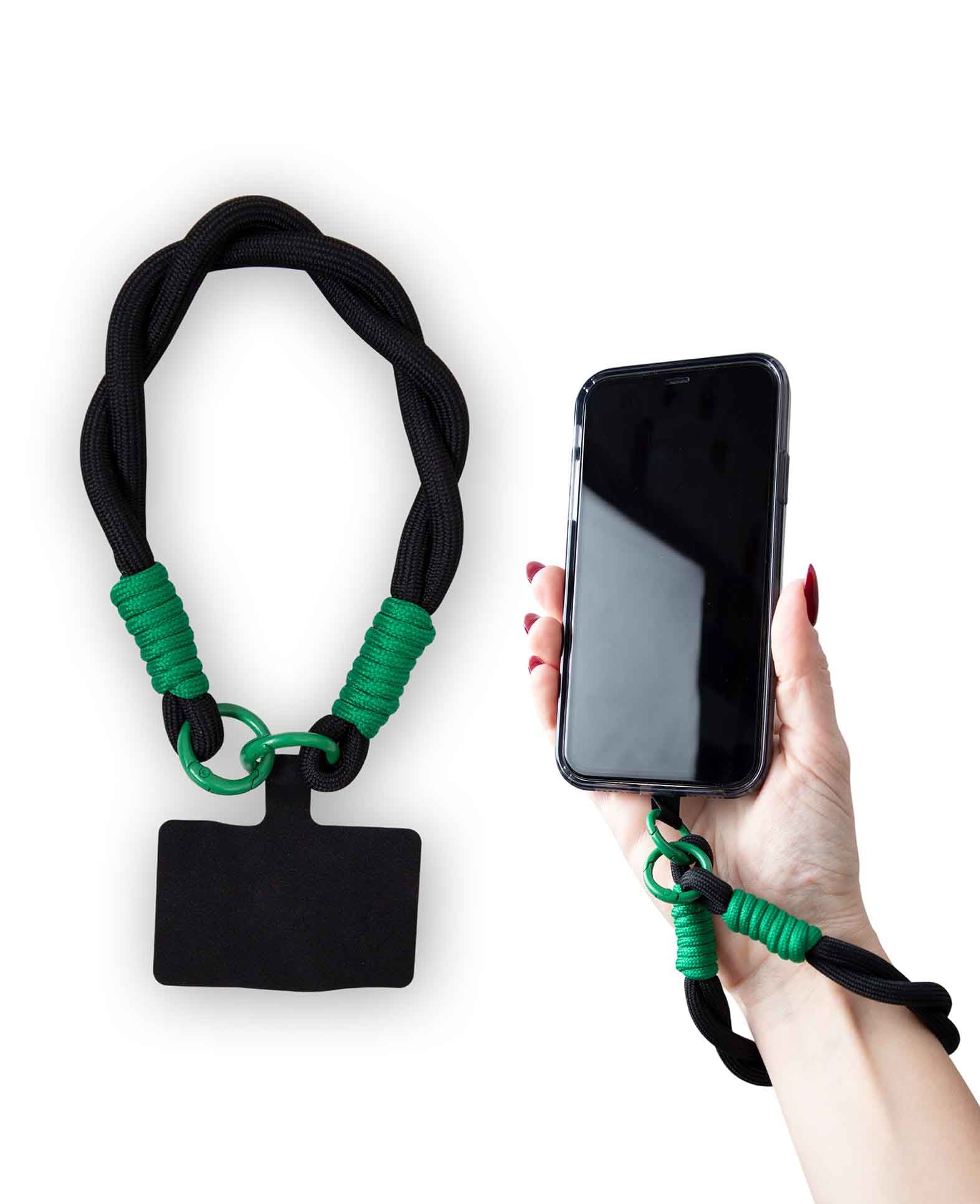 Mobile phone chain incl. insert card, short, braided, black, 15 cm