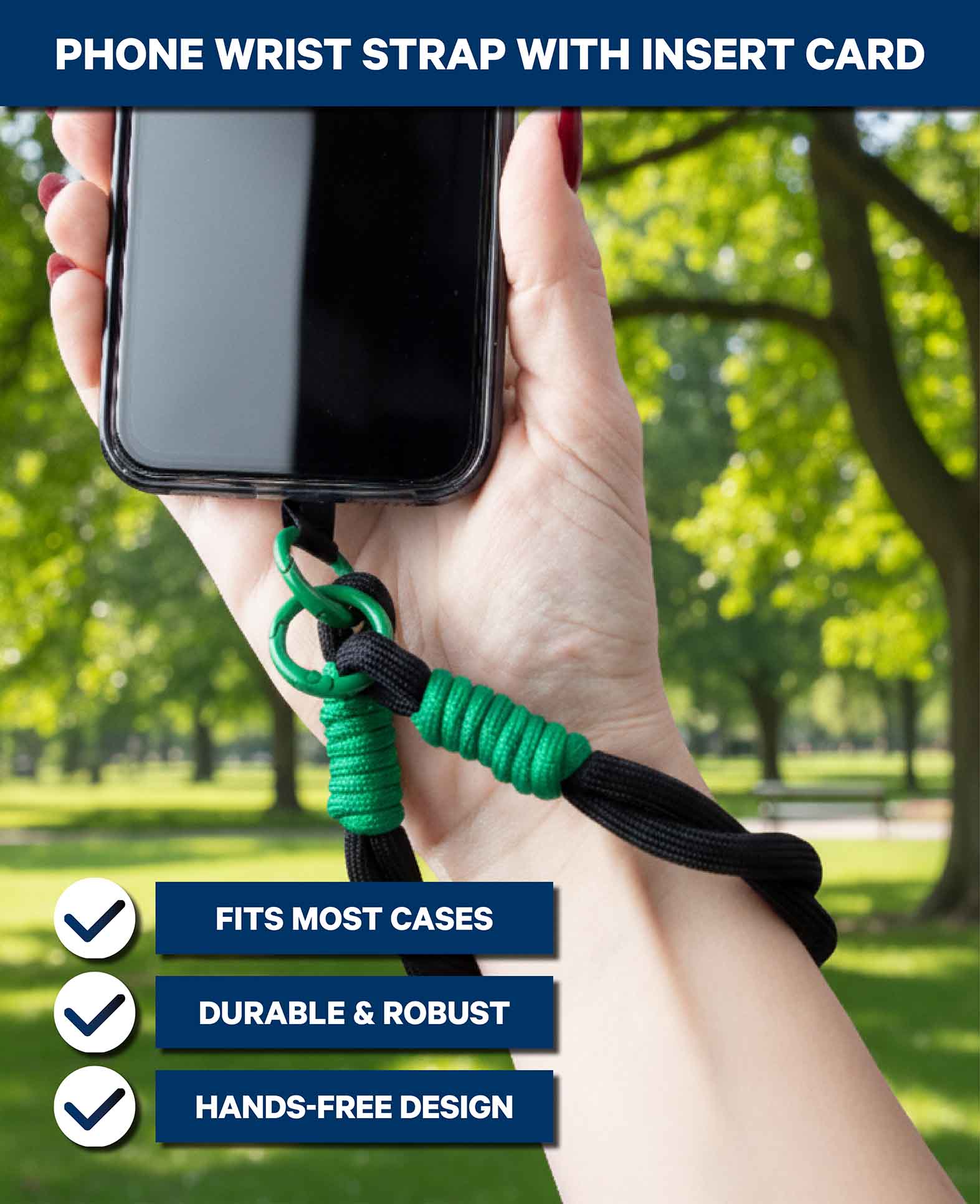 Mobile phone chain incl. insert card, short, braided, black, 15 cm