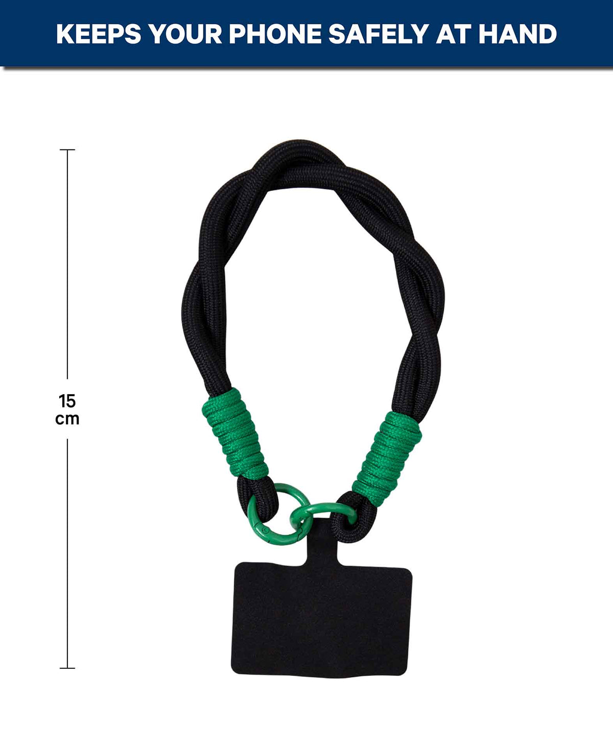 Mobile phone chain incl. insert card, short, braided, black, 15 cm