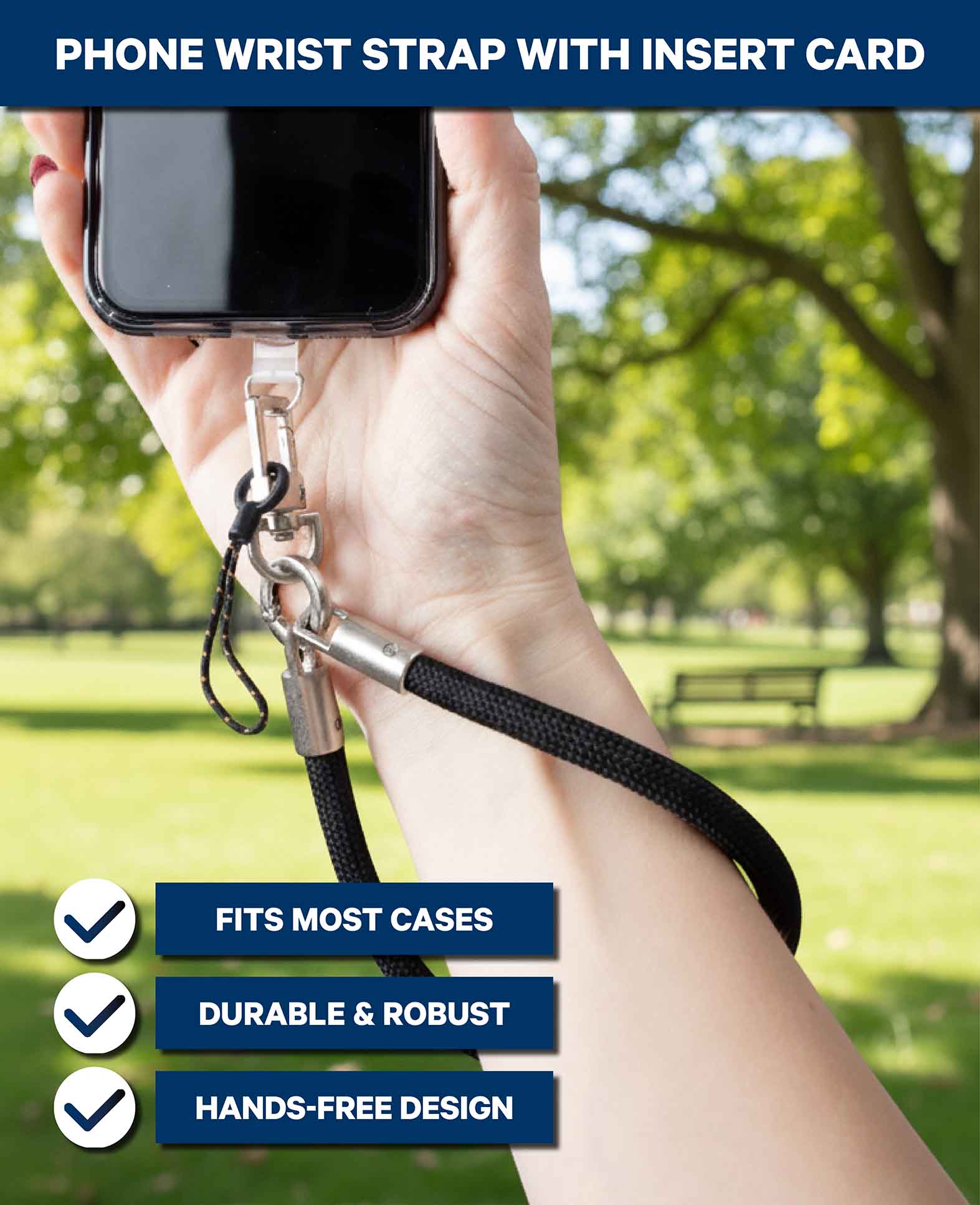 Phone chain incl. insert card, short, black, 15 x 0.8 cm