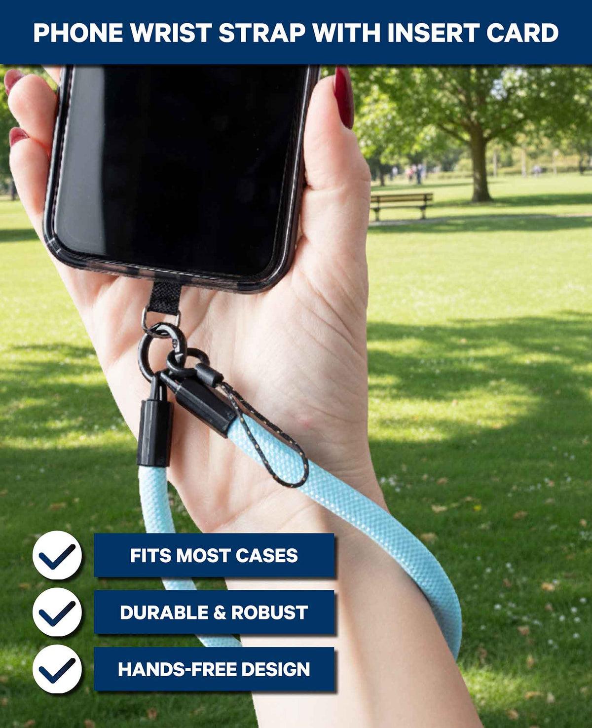 Cordon de téléphone portable avec carte d'insertion, court, bleu clair, 15 x 0.8 cm
