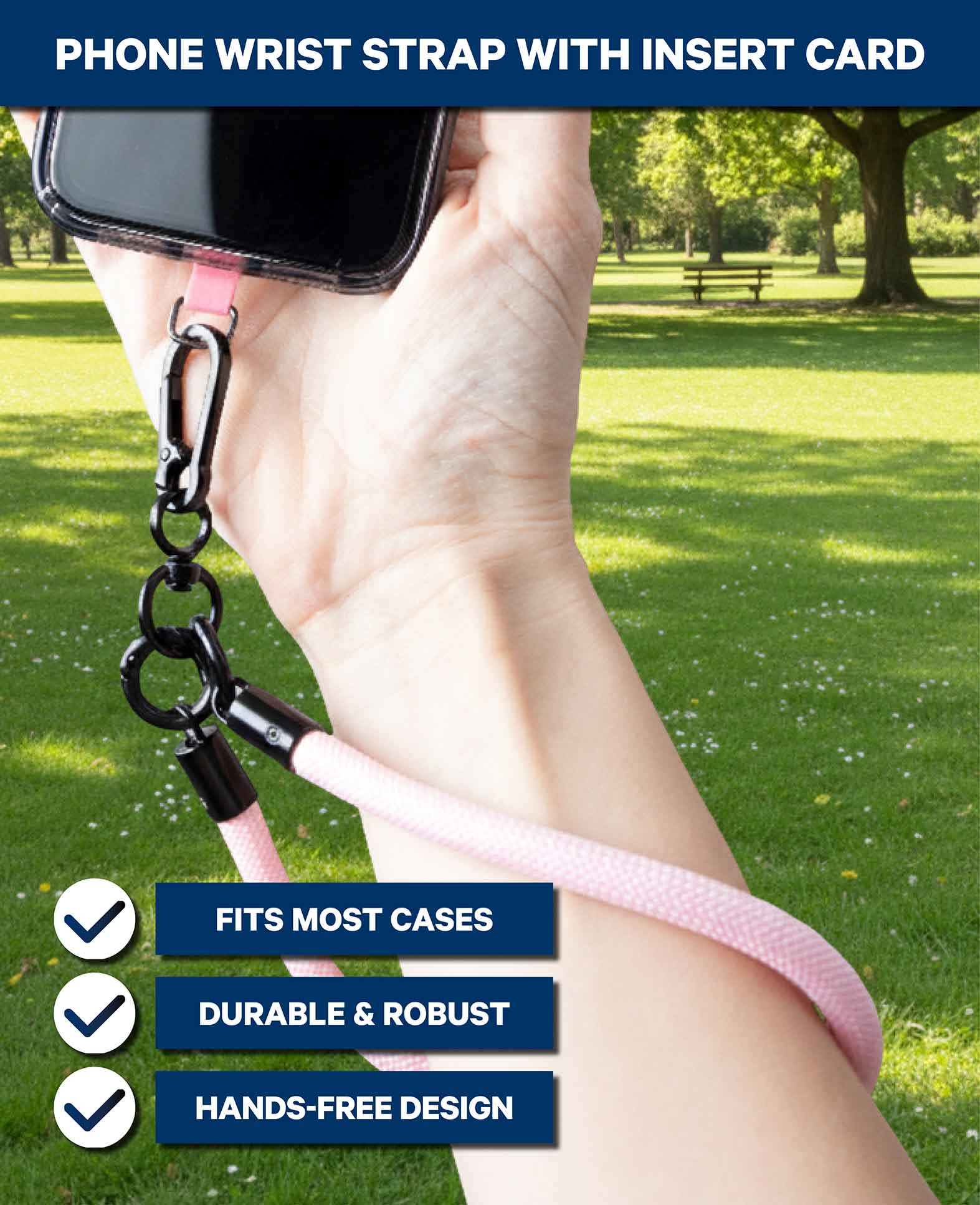 Phone chain including insert card, short, rose, 15 cm
