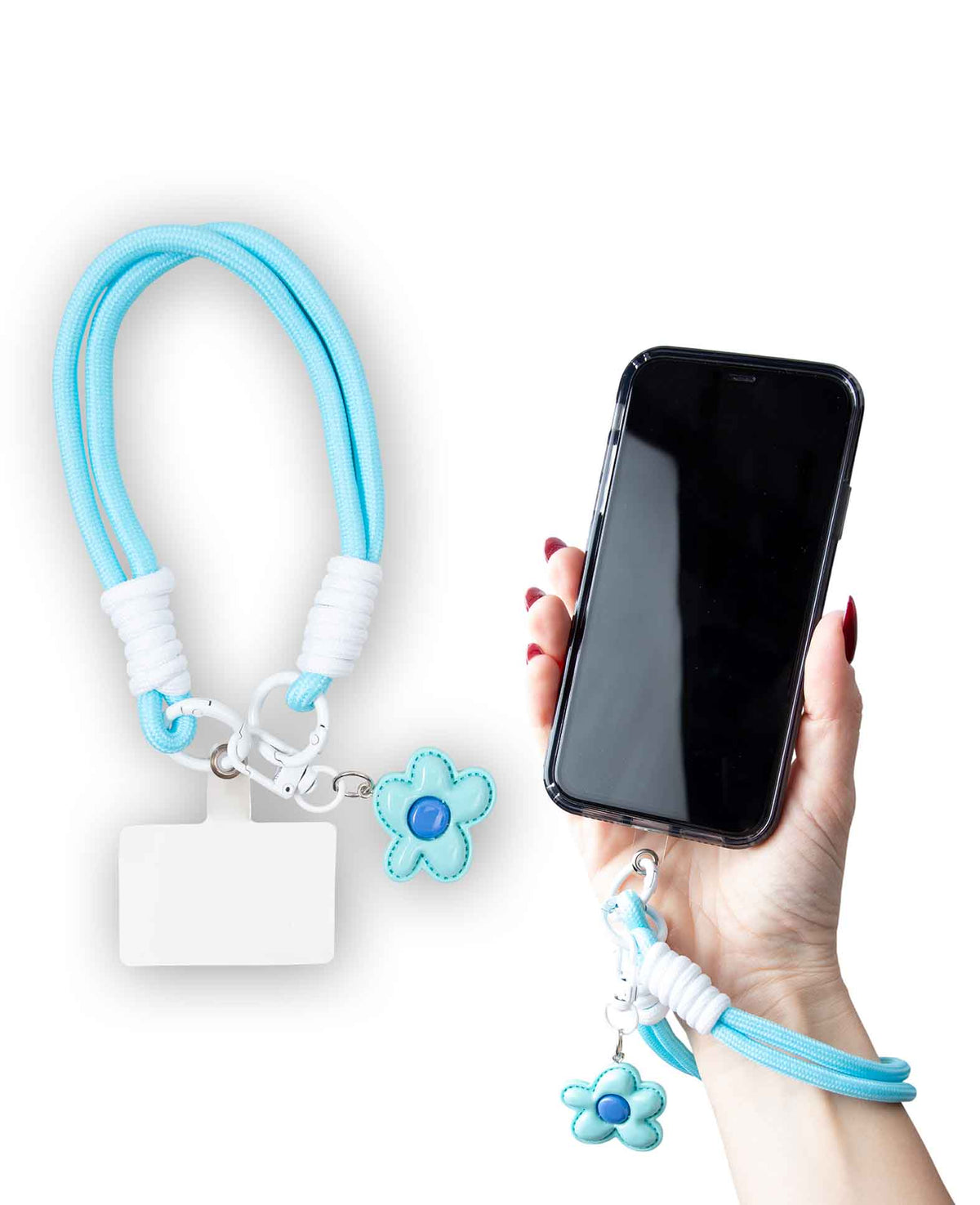 Mobile phone chain incl. insert card, short, light blue with flower, 30 cm
