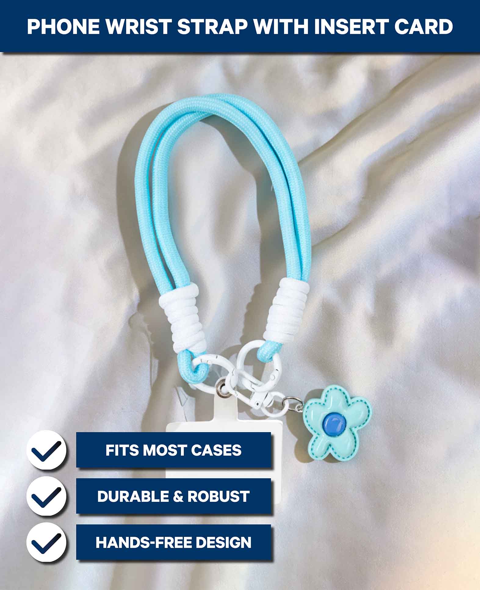 Mobile phone chain incl. insert card, short, light blue with flower, 30 cm