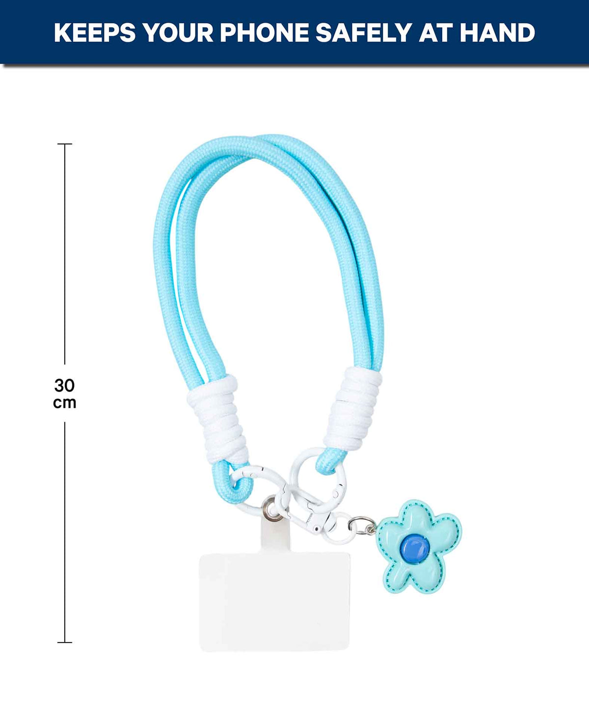 Mobile phone chain incl. insert card, short, light blue with flower, 30 cm