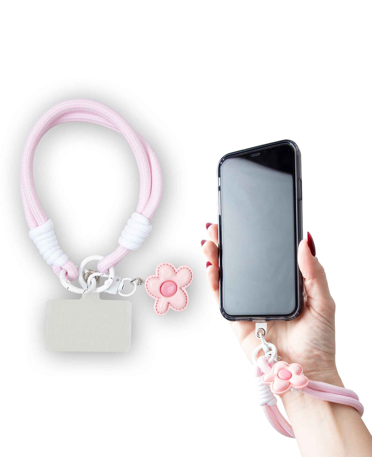 Cordon pour téléphone portable avec carte intercalaire, court, rose avec fleur, 30 cm