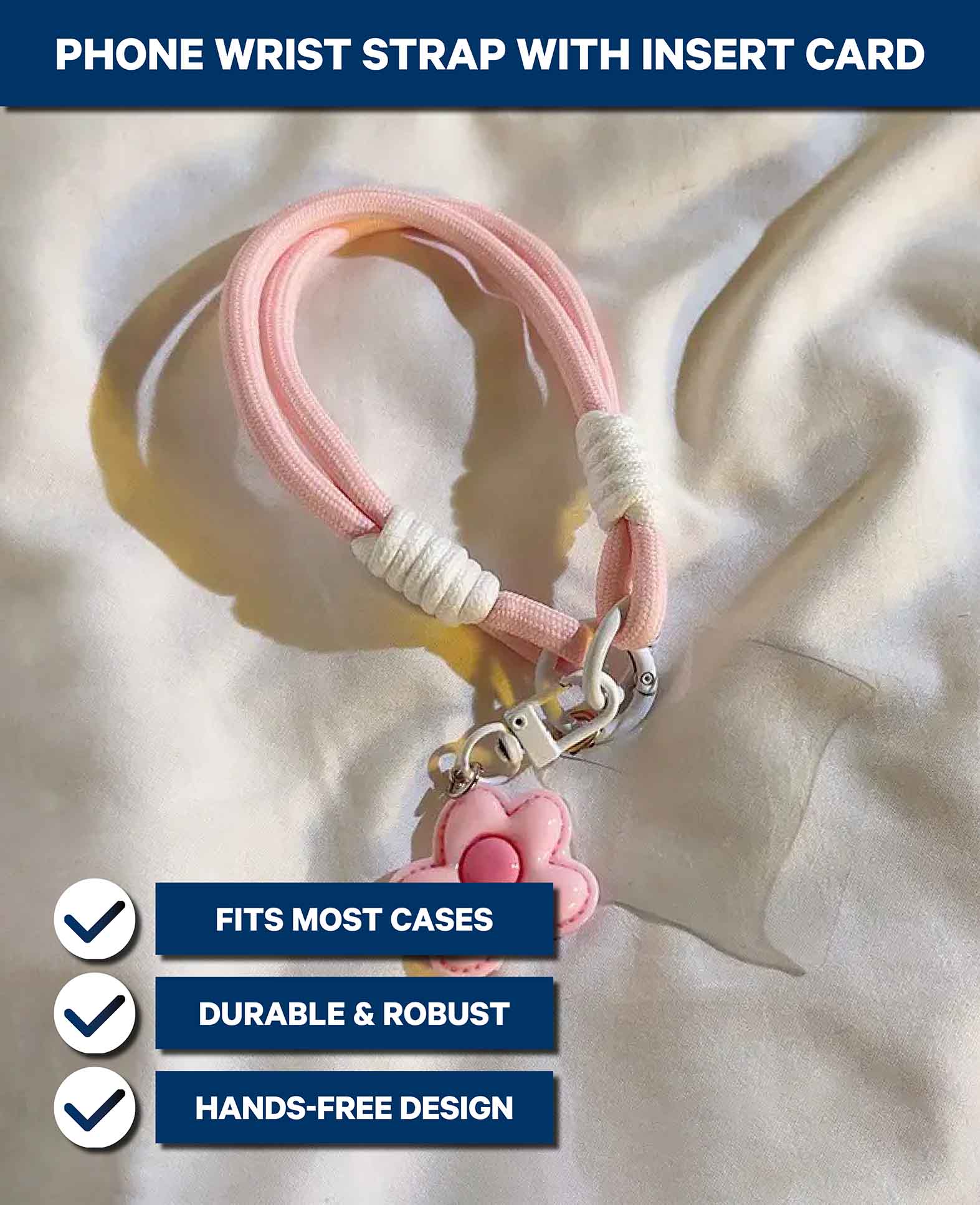 Cordon pour téléphone portable avec carte intercalaire, court, rose avec fleur, 30 cm