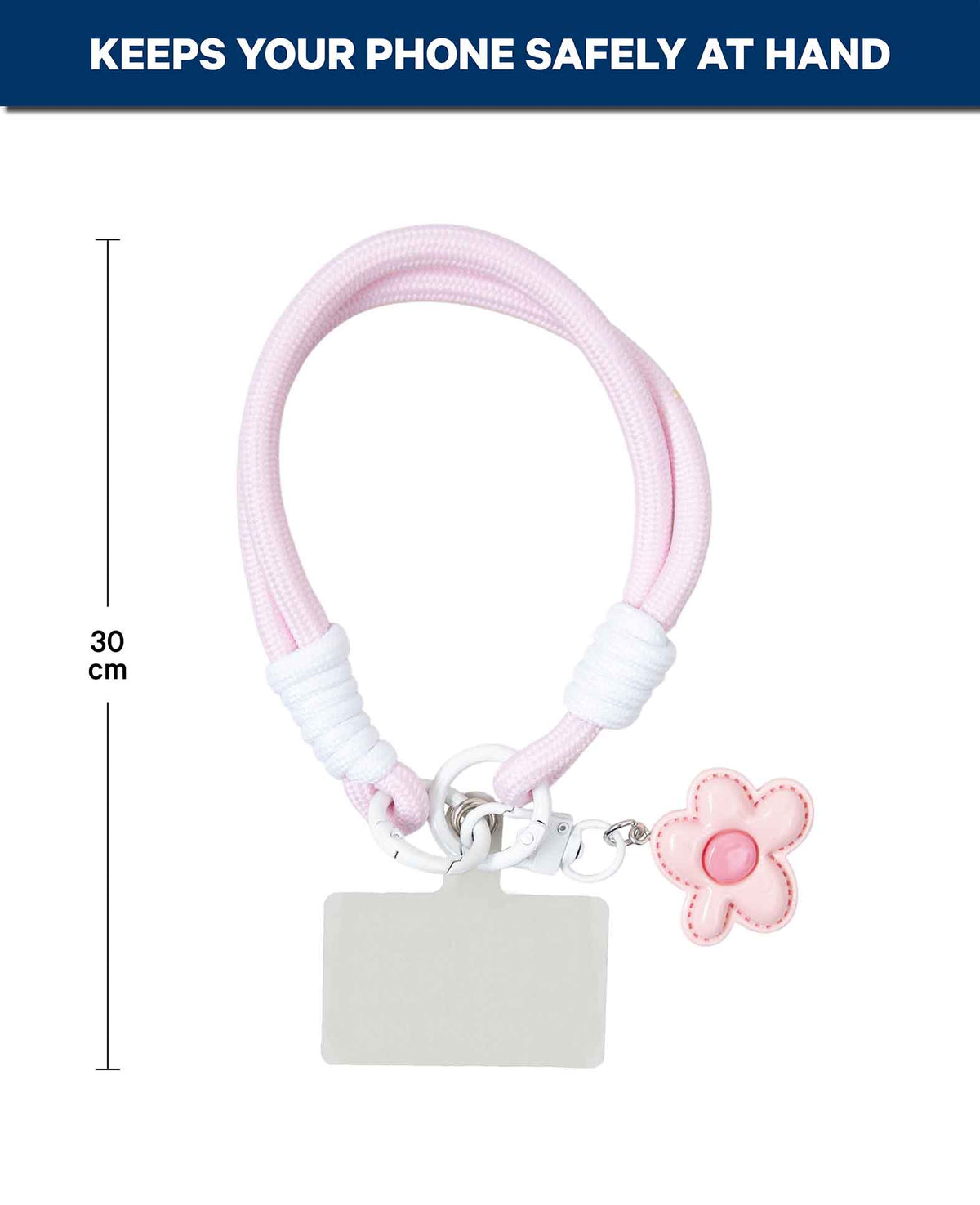 Cordon pour téléphone portable avec carte intercalaire, court, rose avec fleur, 30 cm