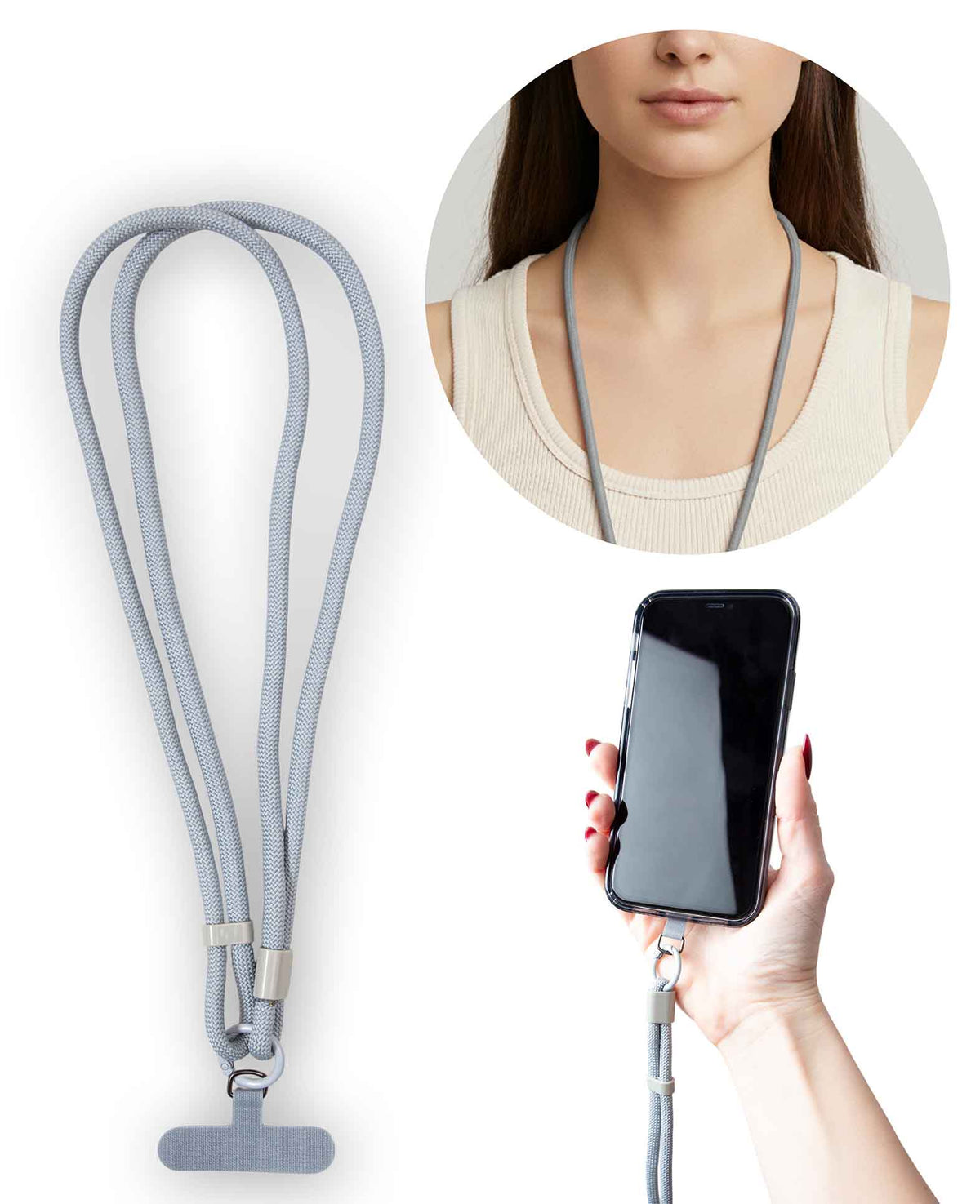 Mobile phone chain including insert card, gray, 70 cm