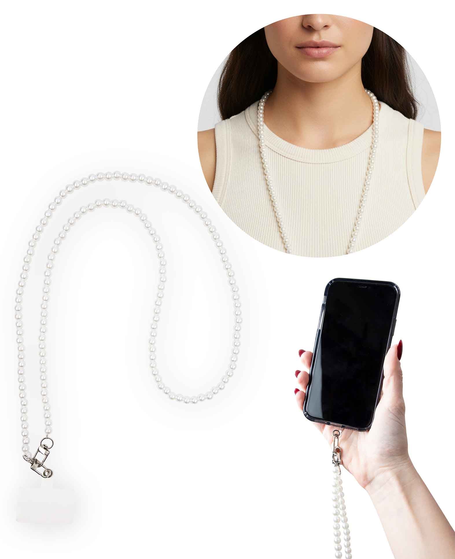 Chaîne de téléphone portable avec insert, perles blanches, 115 cm