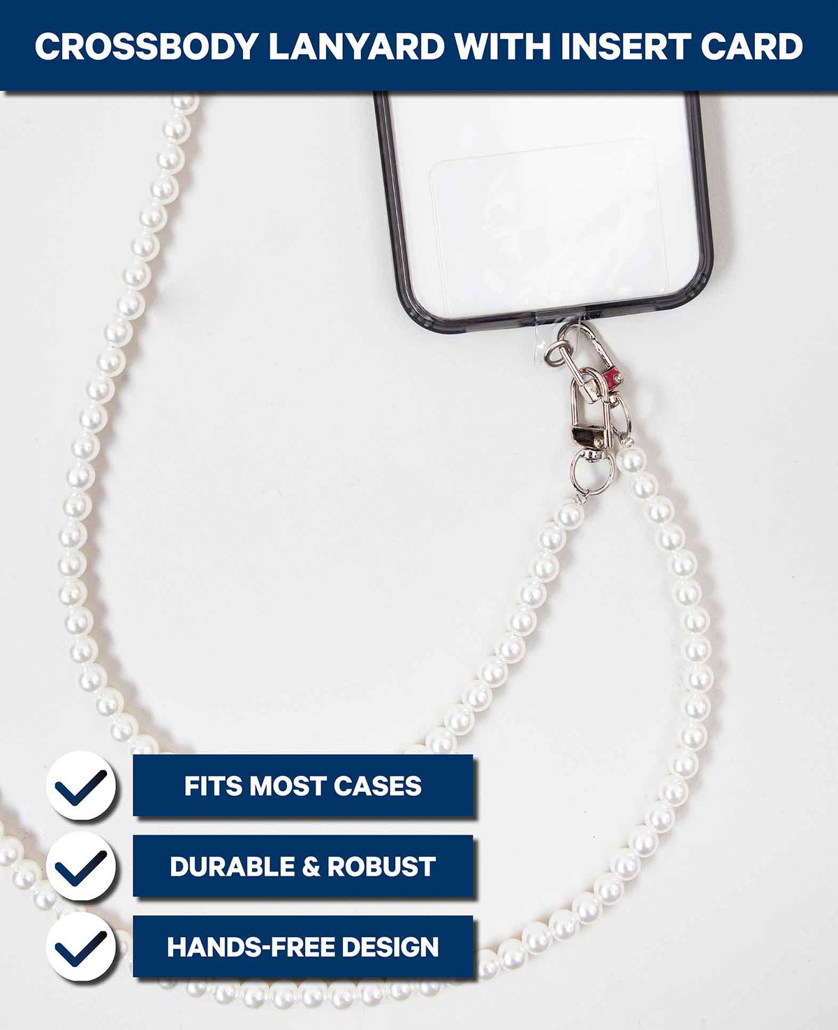 Chaîne de téléphone portable avec insert, perles blanches, 115 cm
