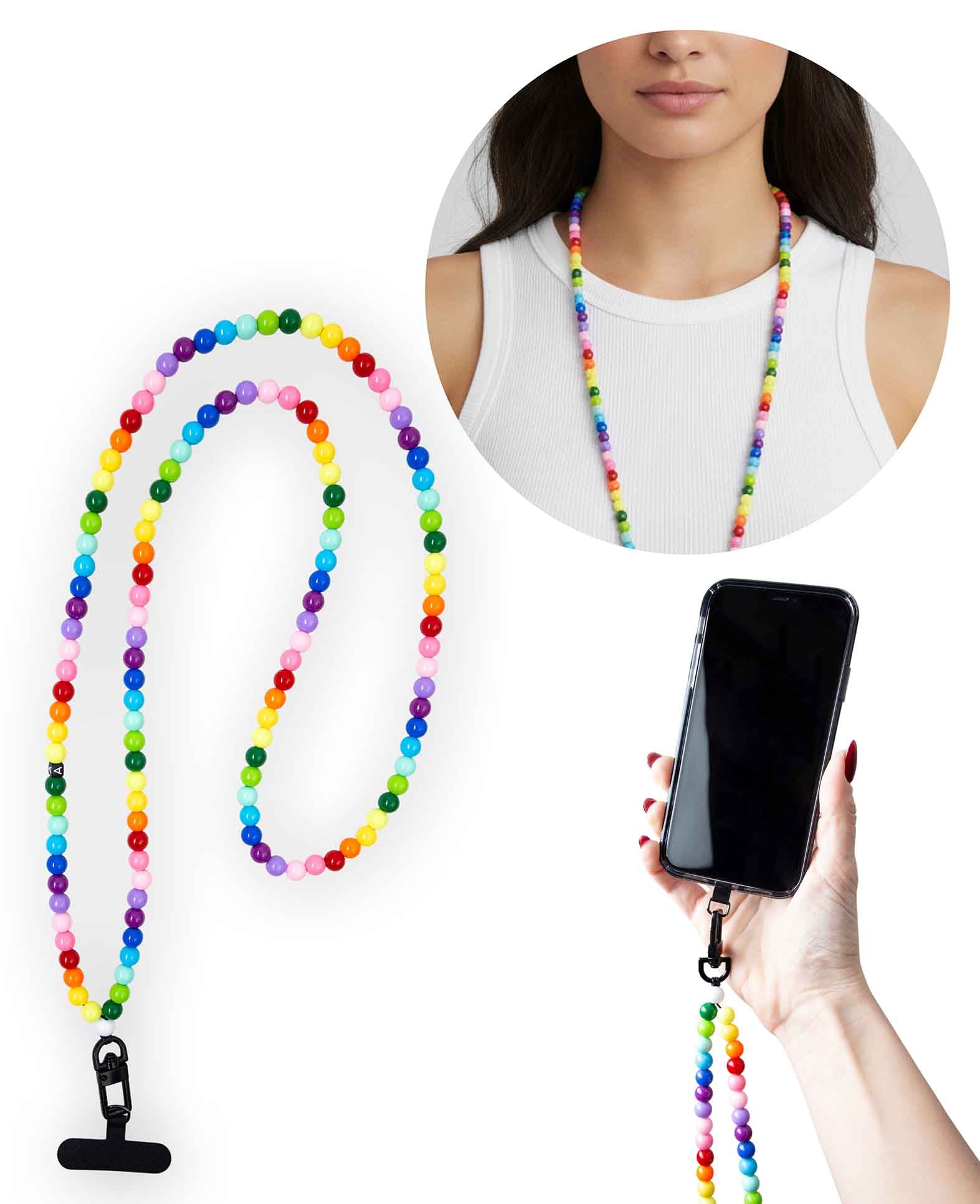 Phone chain incl. insert card, beads, colourful, 120 cm