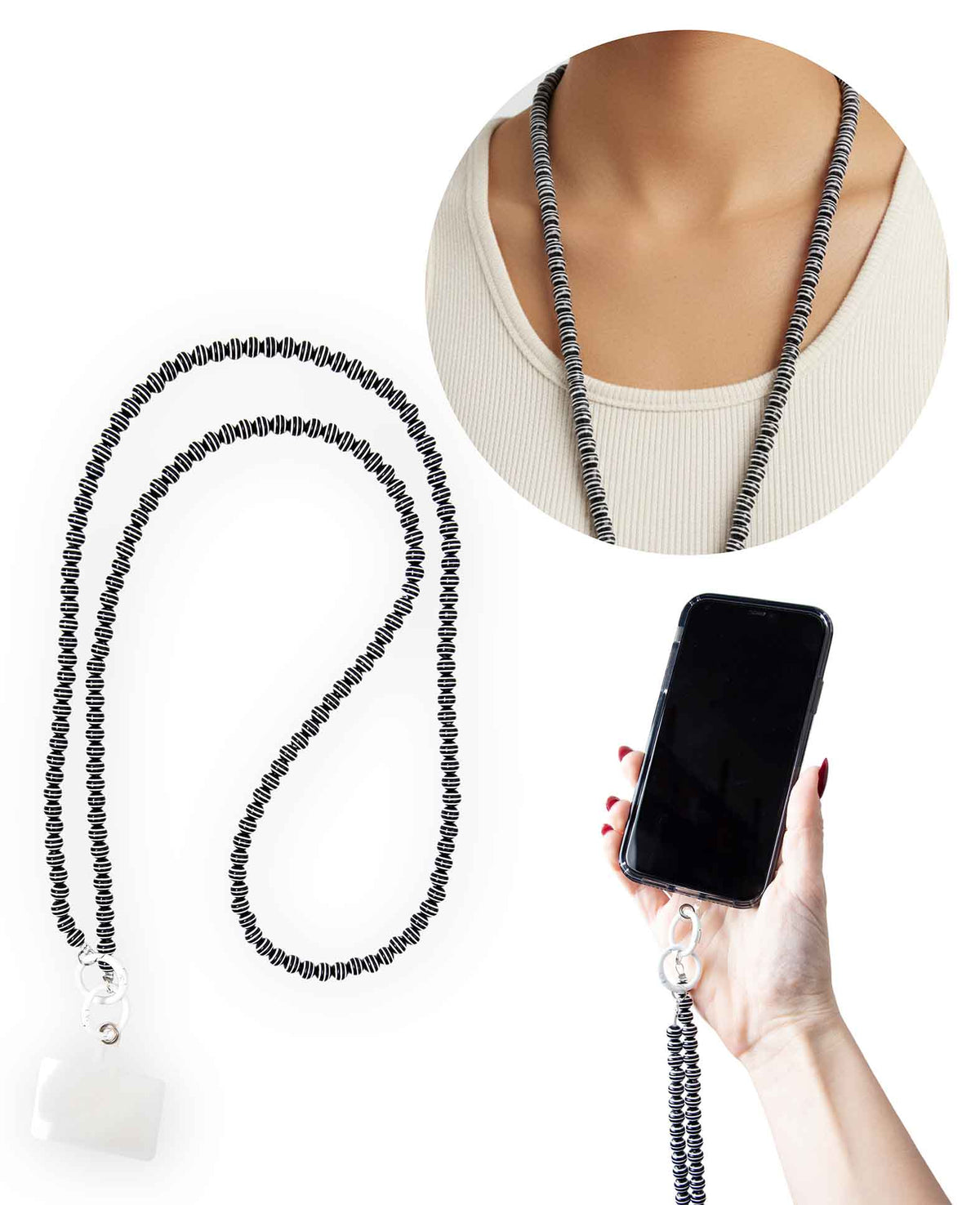 Phone chain incl. insert card, pearls, black/white, 120 cm