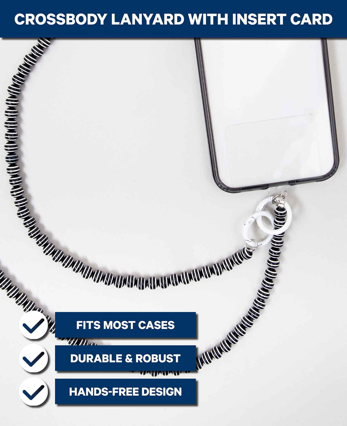 Phone chain incl. insert card, pearls, black/white, 120 cm