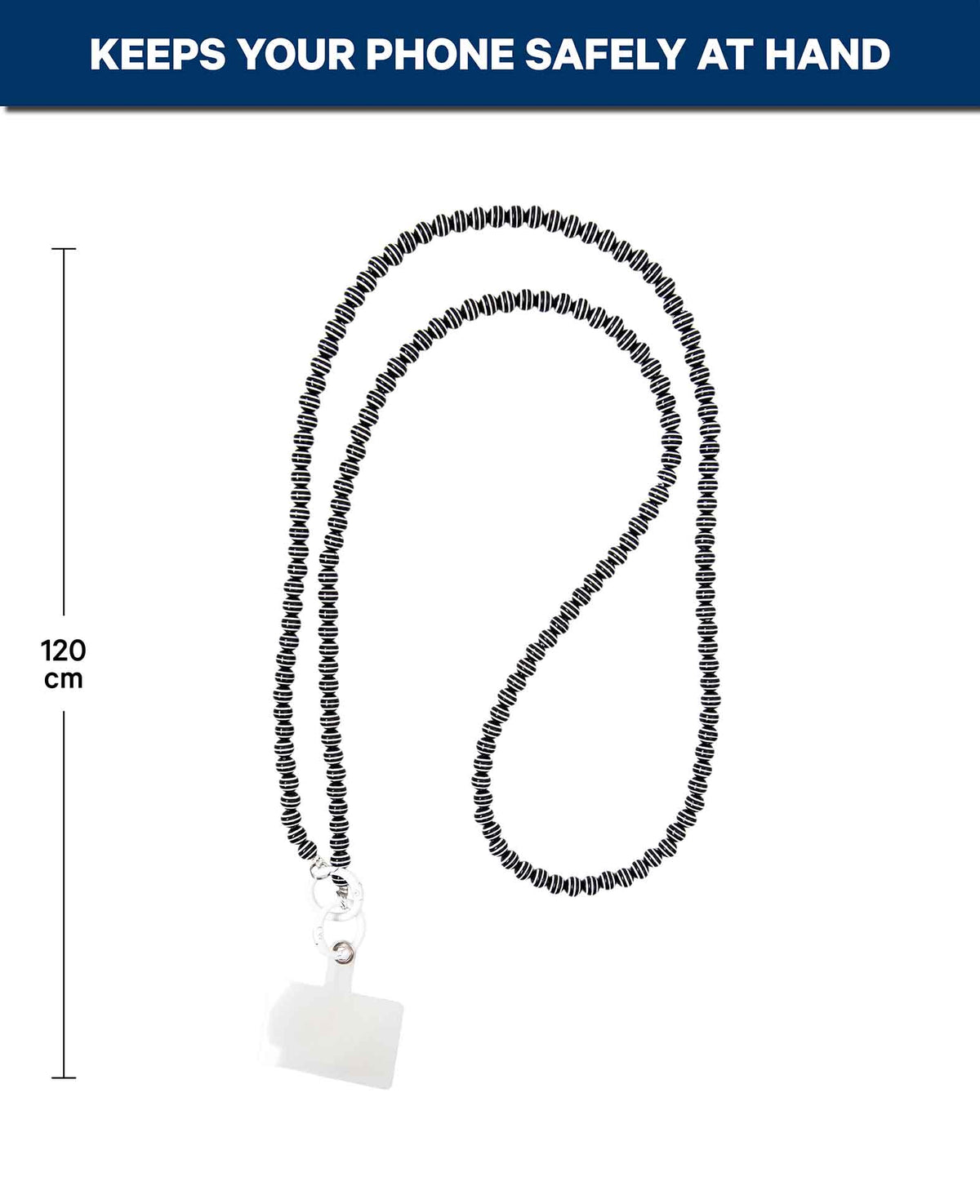 Phone chain incl. insert card, pearls, black/white, 120 cm