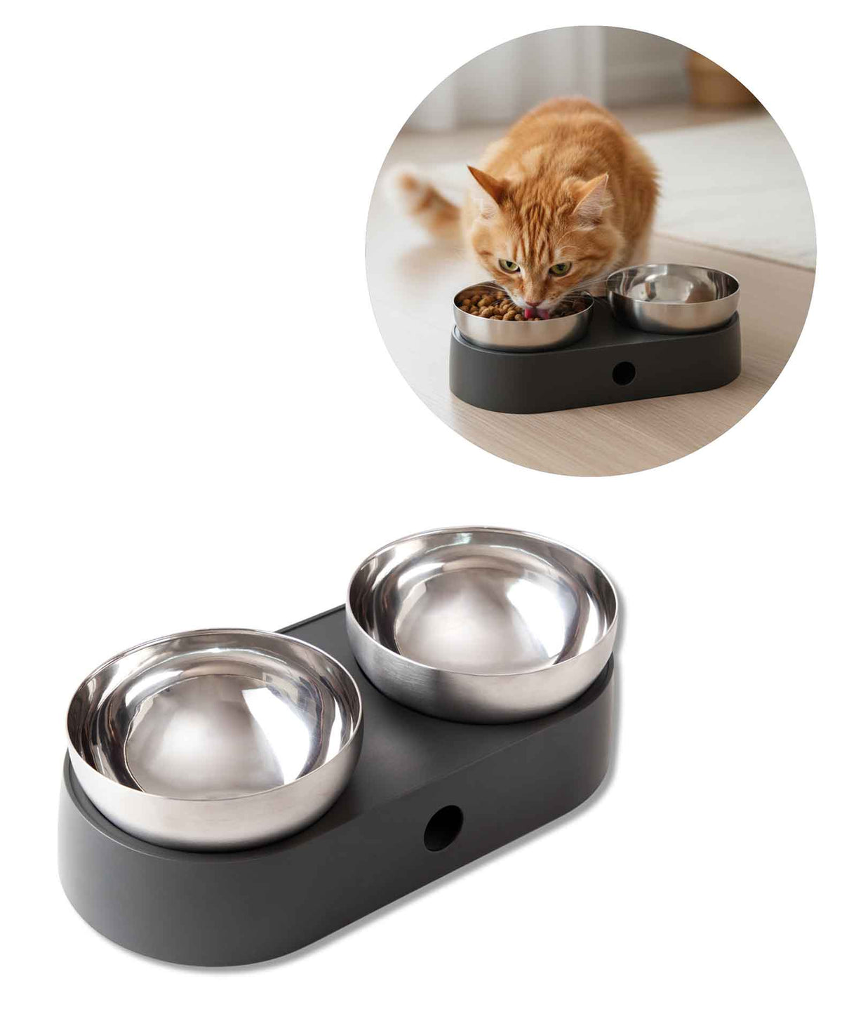 Doppel-Futternapf für Katzen aus Edelstahl, Ergonomisch, Grau