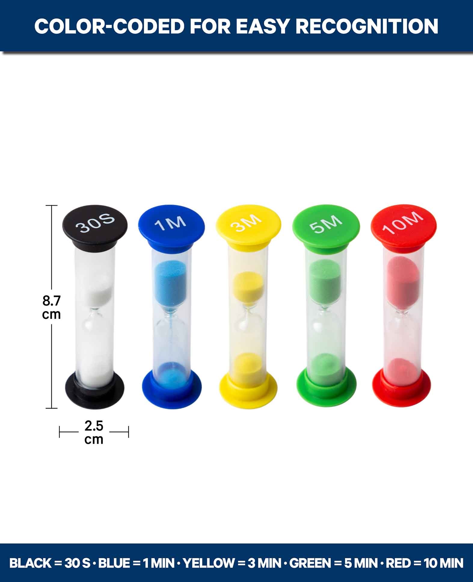 Sabliers pour enfants – 5 sabliers colorés (30 sec.–10 min.) pour apprendre le temps en s'amusant
