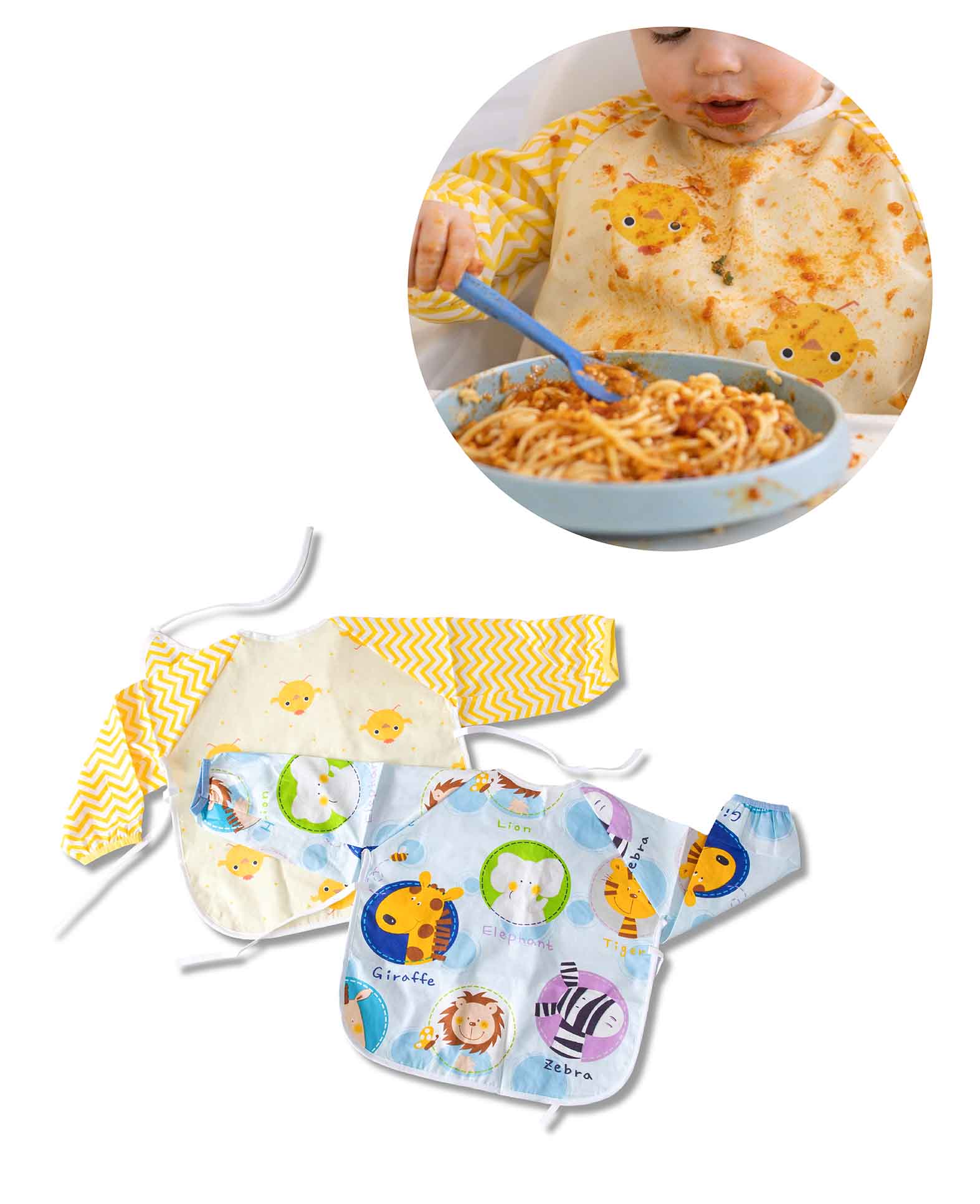 Lätzchen mit langen Ärmeln, Tiere, 2 Stück, wasserabweisend