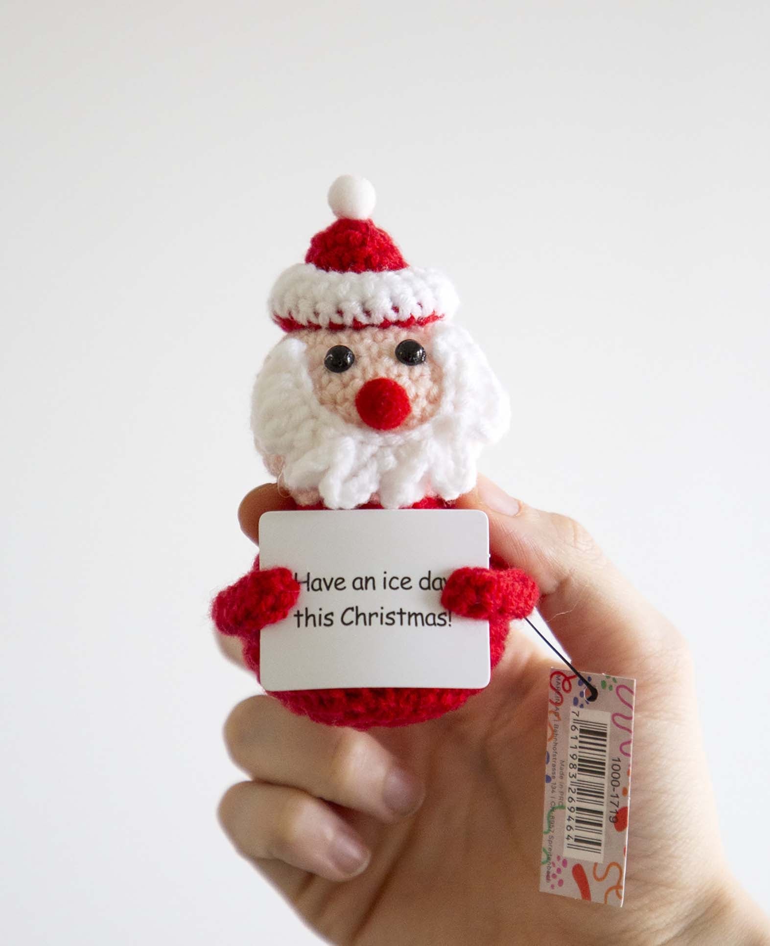 Positive Santa, Gehäkeltes Mini Plüschtier / Glücksbringer, Weiss/Rot, 7.5×4.5 cm
