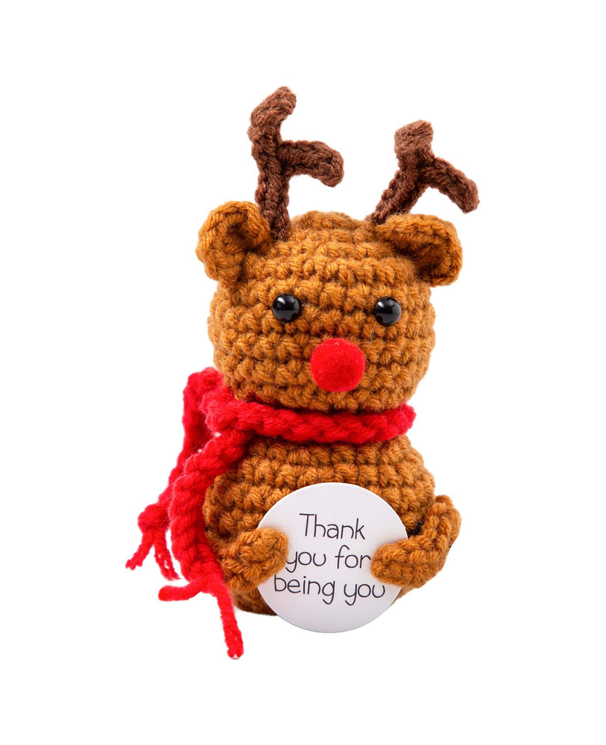 Positive Deer, Gehäkeltes Mini Plüschtier / Glücksbringer Braun/Rot, 7.5×4.5 cm