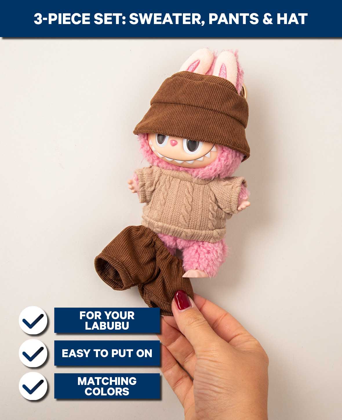 Labubu Outfit Set Brown, 3-piece with Sweater, Pants & Hat