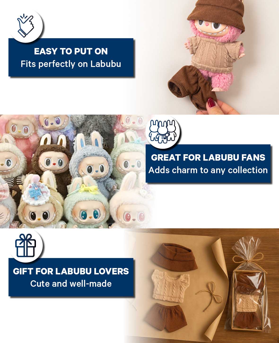 Labubu Outfit Set Brown, 3-piece with Sweater, Pants & Hat
